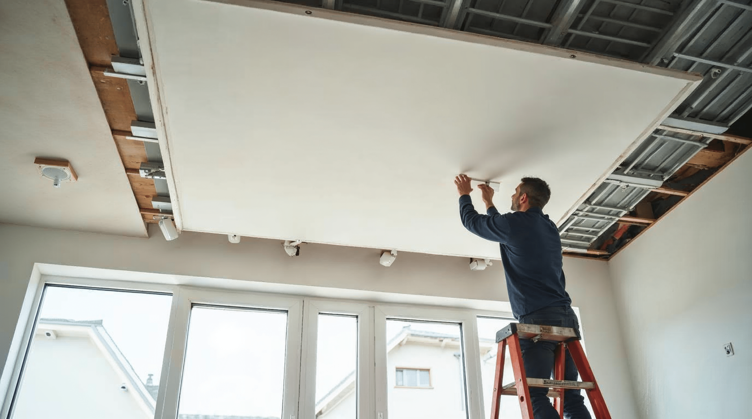 Abgehängte Decke mit Metallprofilen und Gipskartonplatten bei der Montage