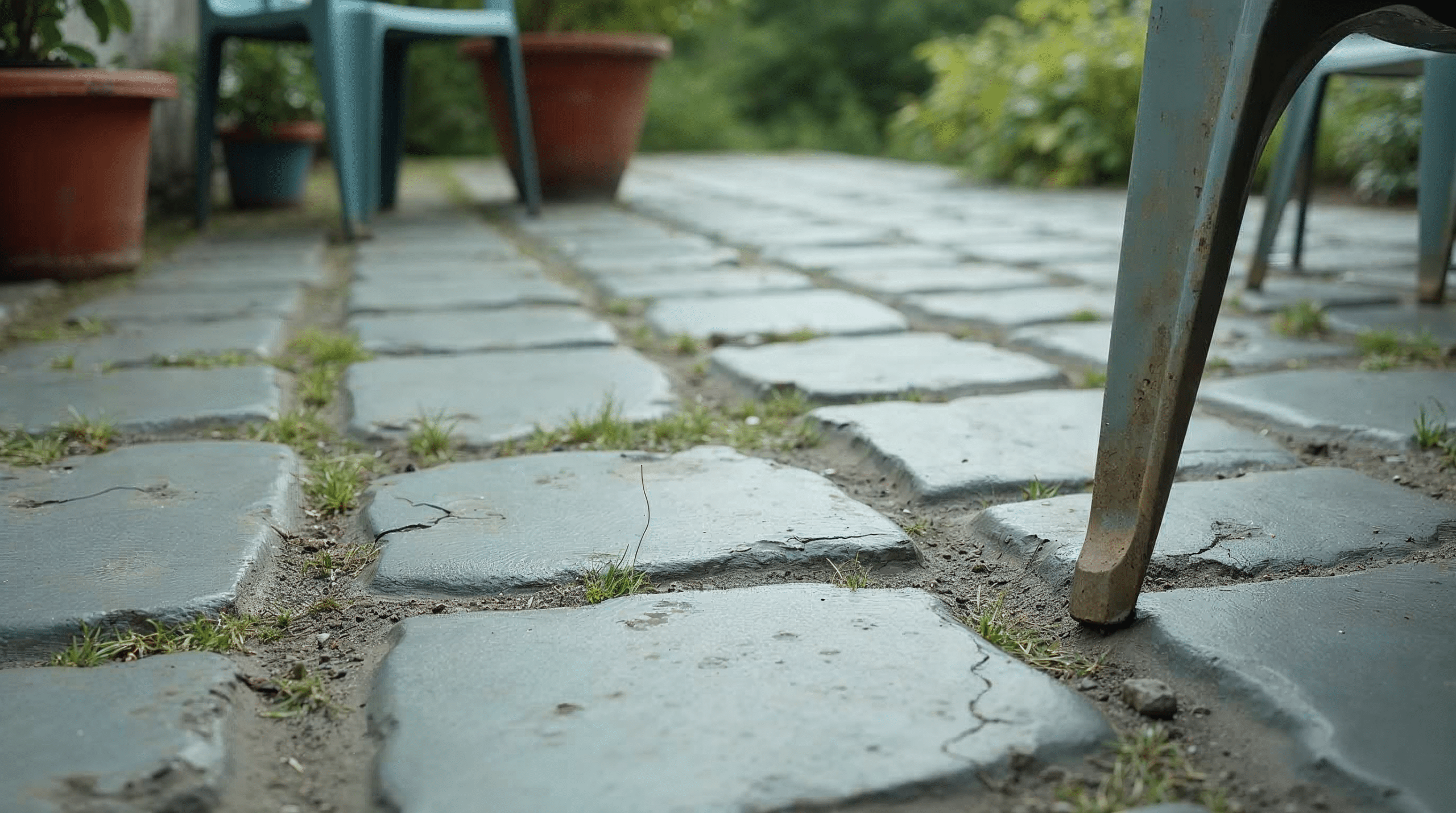 Abgenutzte alte Betonplatten einer Bremer Bestandsterrasse mit Moos in den Fugen und sichtbaren Rissen