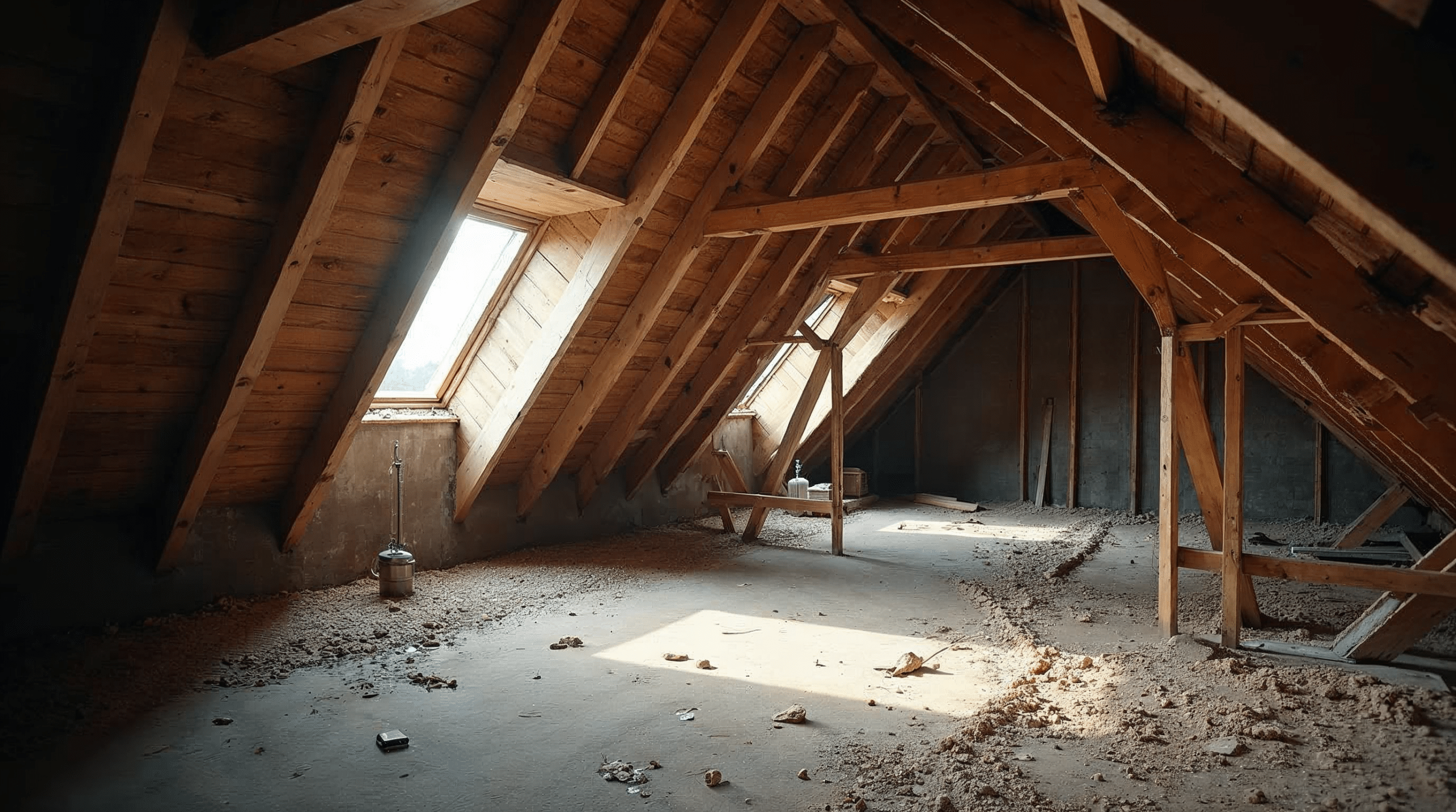 Unsanierter Dachboden eines Altbaus mit freiliegenden Holzbalken