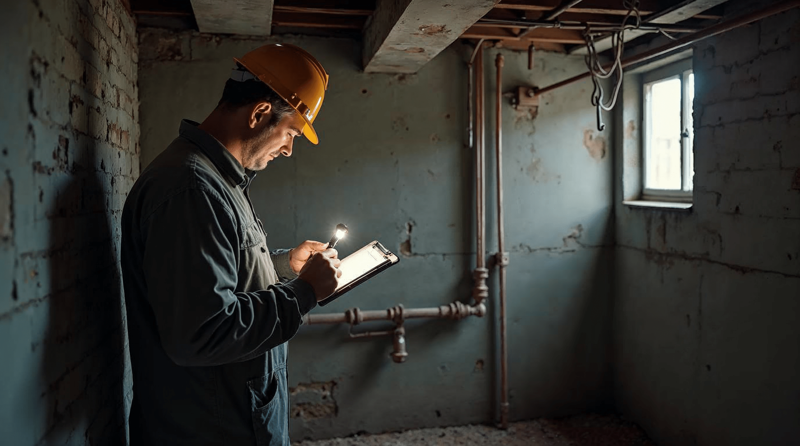 Bauinspektor prüft den Keller eines älteren Hauses mit Lampe und Klemmbrett