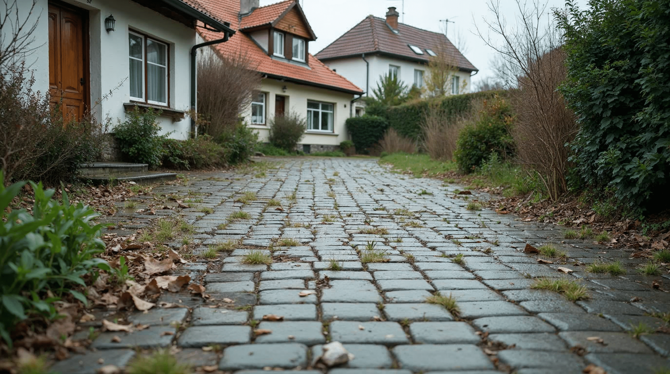 Alte beschädigte Einfahrt mit Senkungen und Unkraut in den Fugen