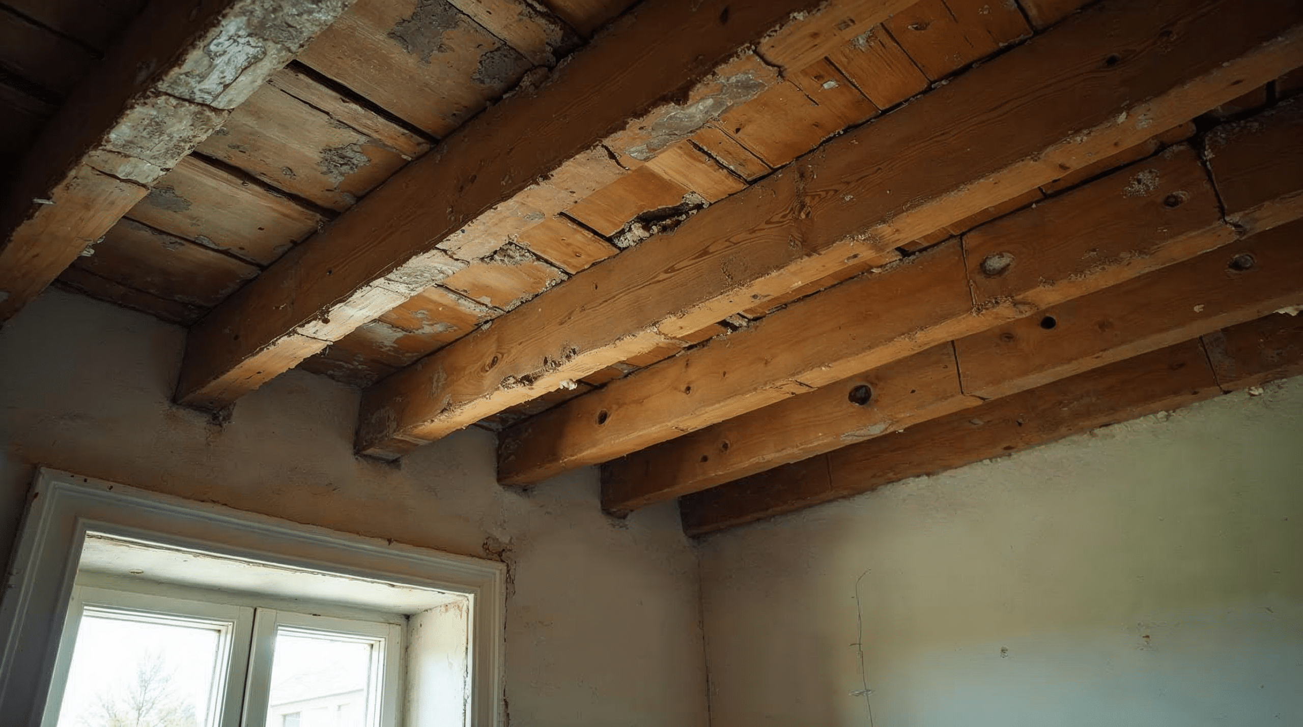 Offene alte Holzbalkendecke in einer Bremer Altbauwohnung w\u00e4hrend der Sanierung