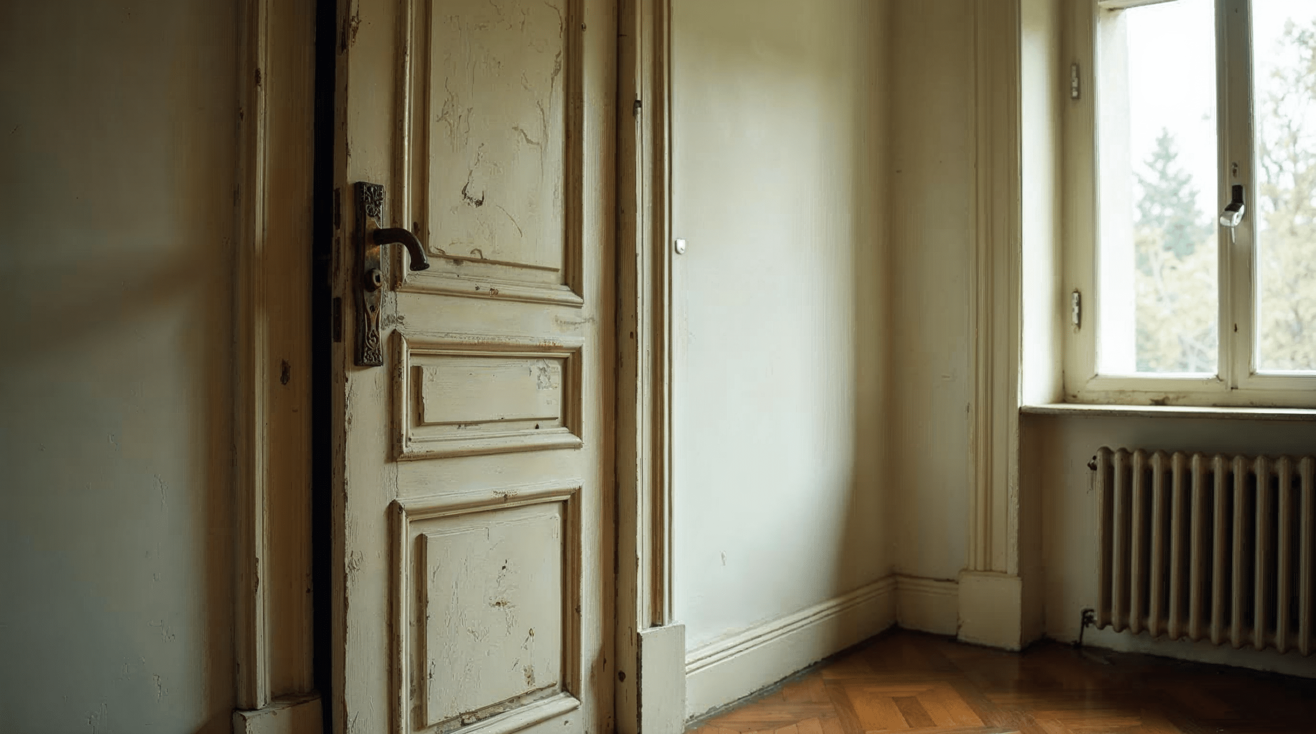 Alte, abgenutzte Innentür mit Kratzern und vergilbter Farbe in einem Bremer Bestandshaus vor dem Austausch