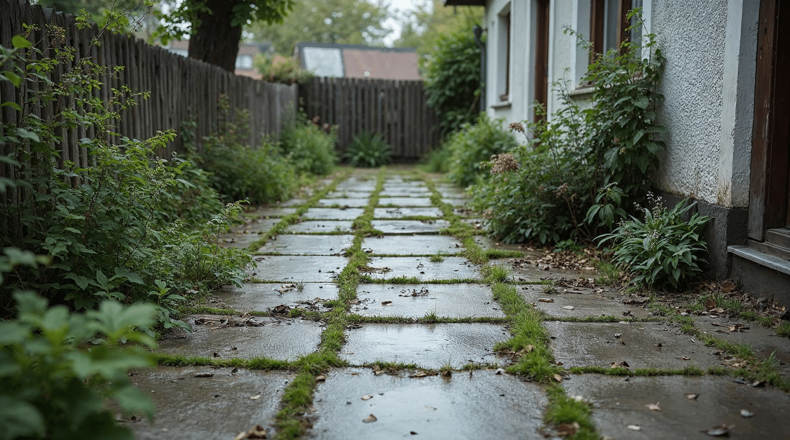 Alte verwitterte Betonplattenterrasse mit Moos in den Fugen