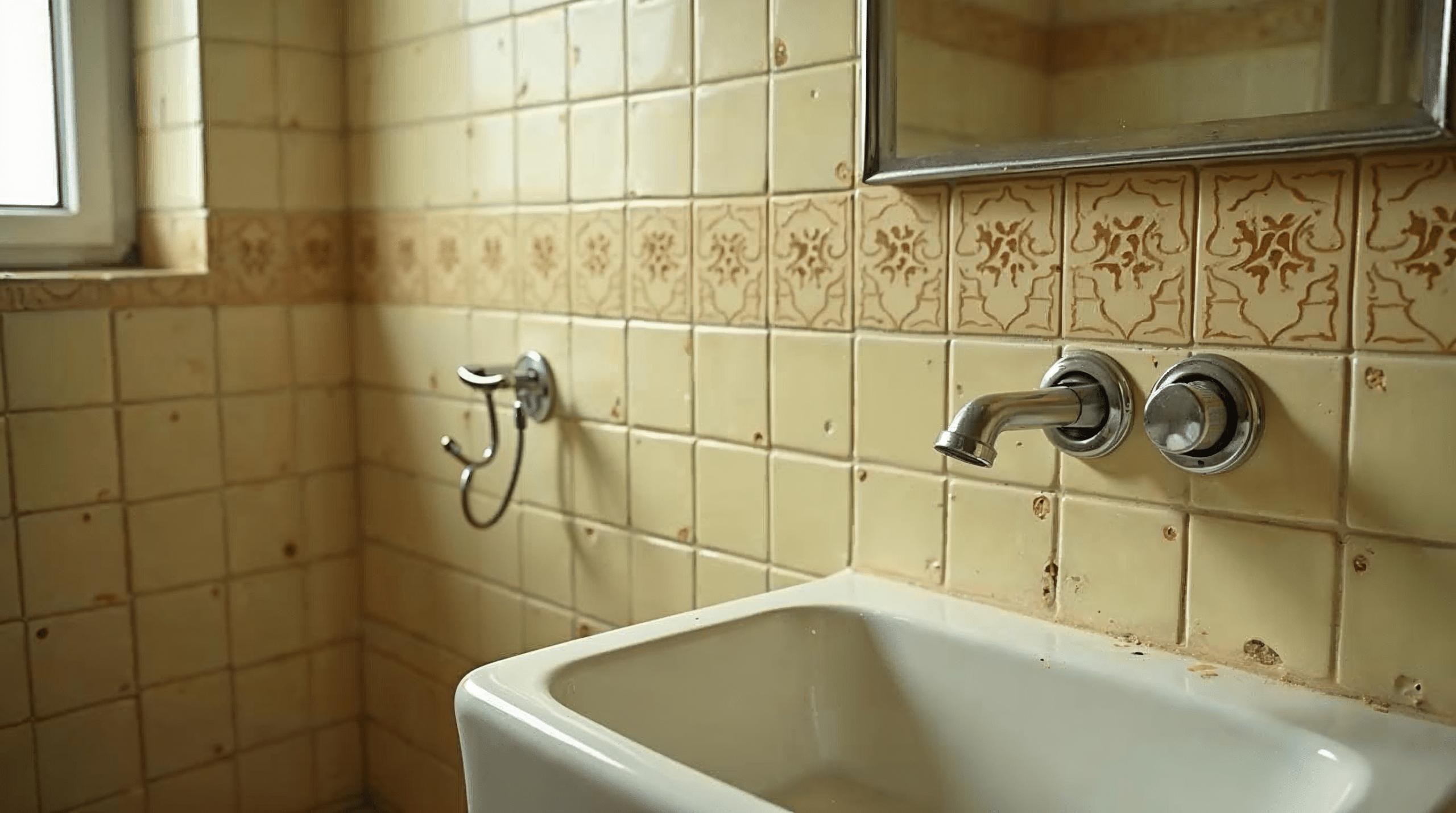 Alte gemusterte Wandfliesen aus den 1970er Jahren in einem Bremer Bestandsbad mit ursprünglichen Sanitärobjekten