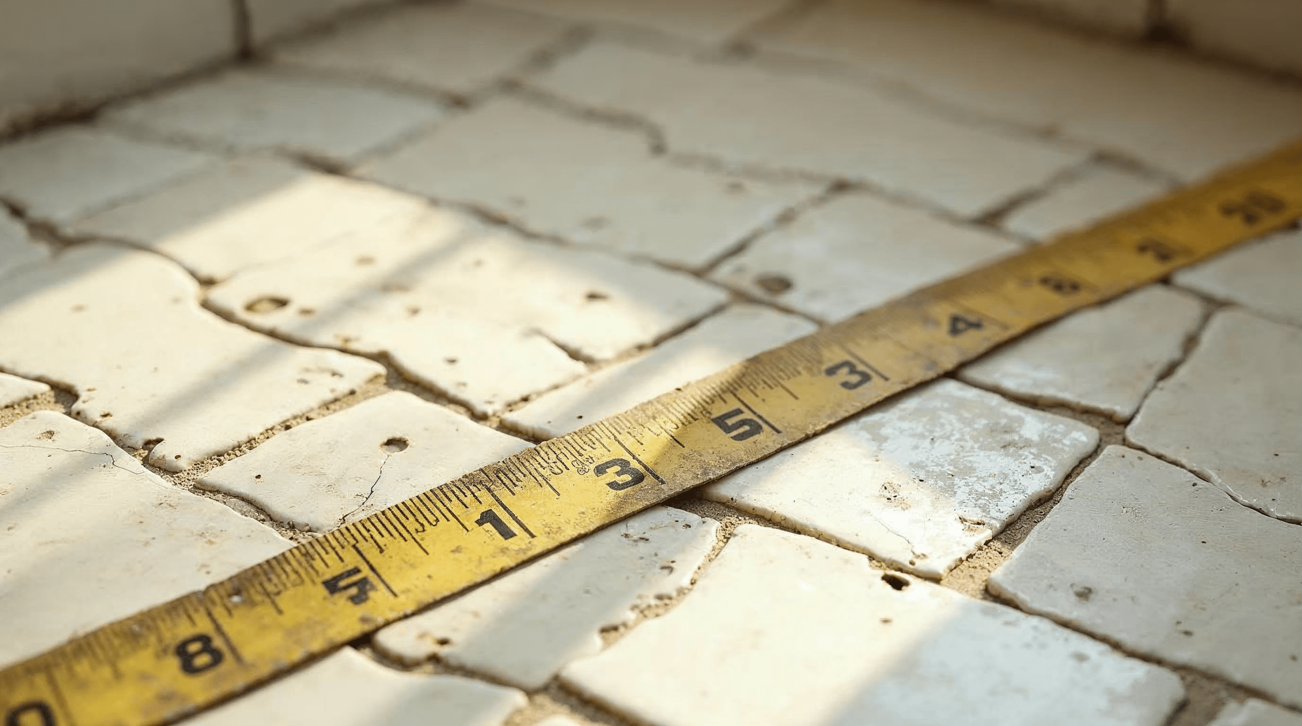 Alter Fliesenboden mit tiefen Fugen und unebener Oberfläche