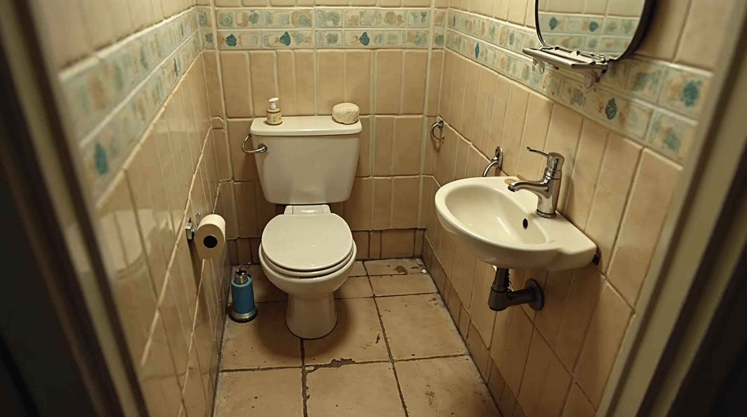 Altes Gäste-WC aus den 1970er Jahren mit gemusterten Fliesen