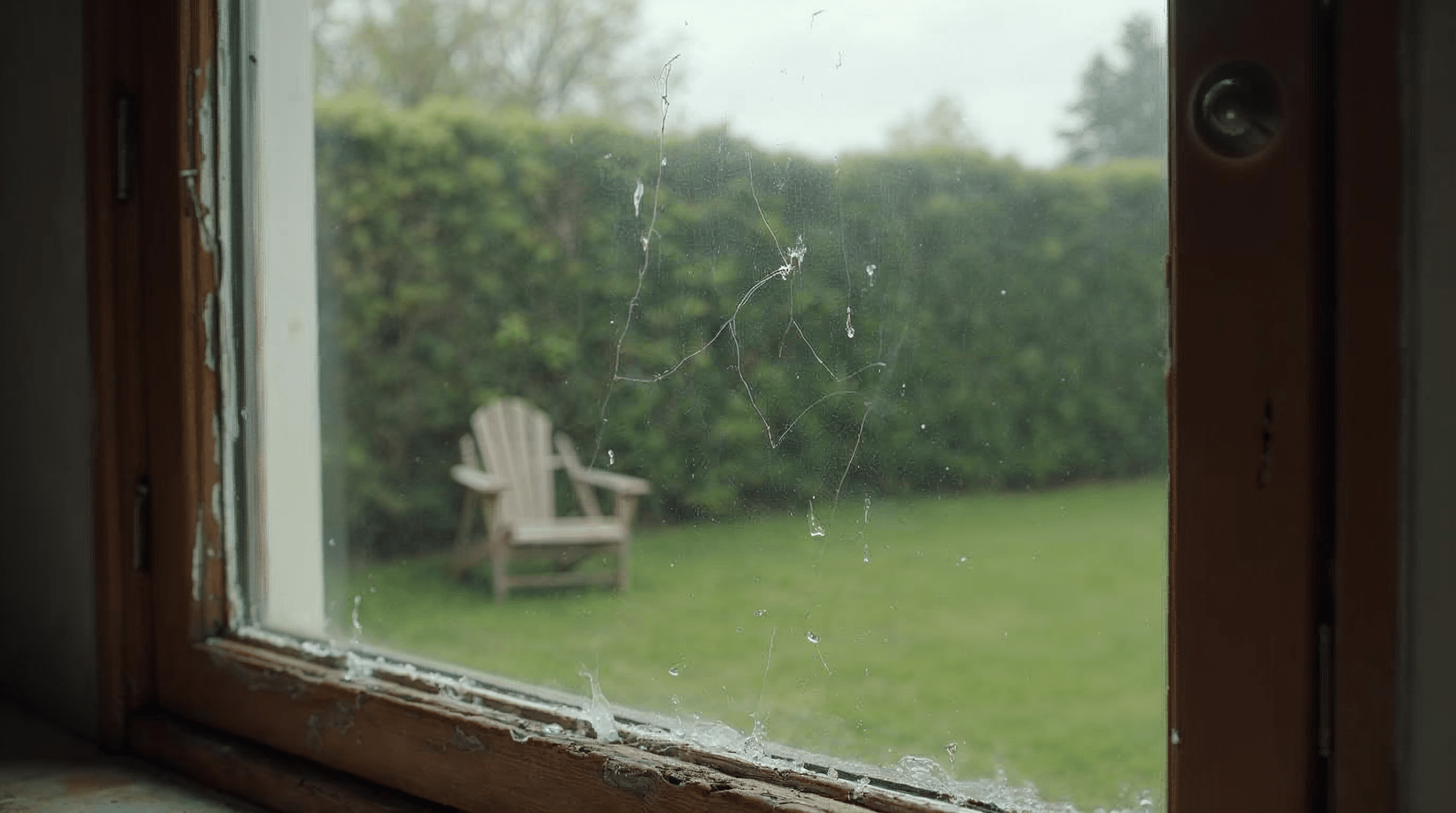 Altes Holzfenster mit zweifacher Verglasung und verh\u00e4rteten Dichtungen in einem 60er Jahre Einfamilienhaus in Bremen