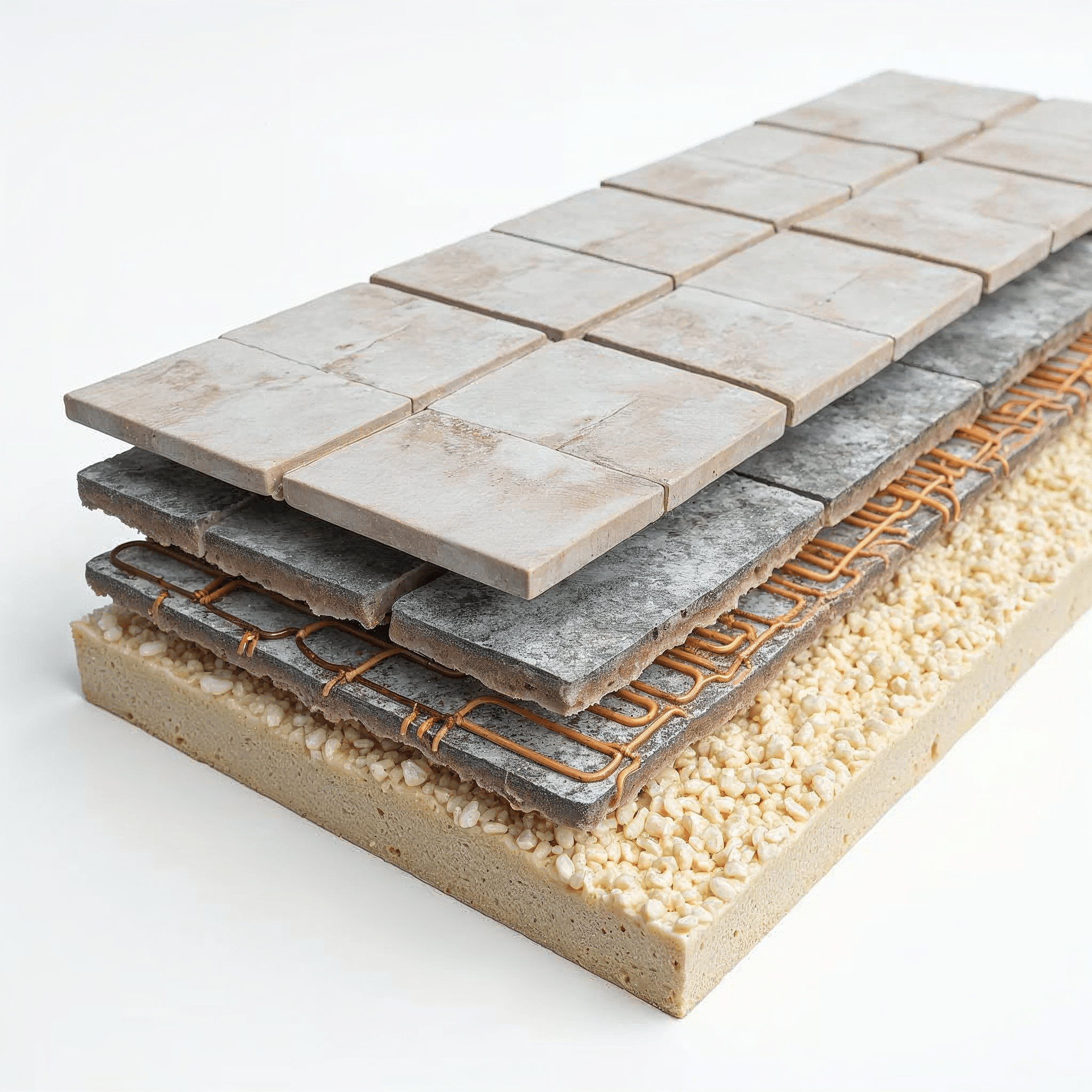 Querschnitt durch den Aufbau einer Fußbodenheizung mit Fliesen und Estrich