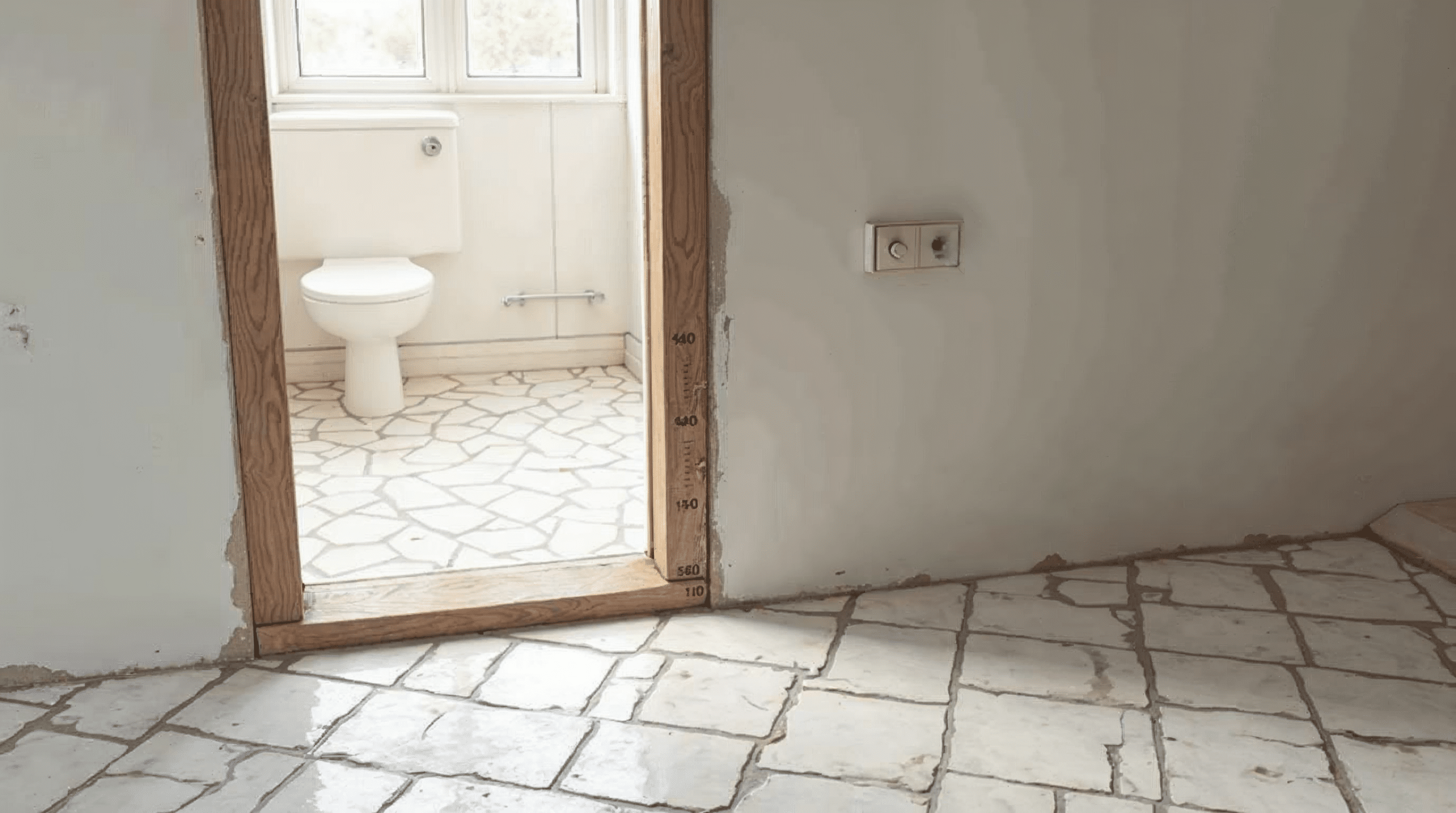 Aufbauhöhe an einer Bad-Türzarge zeigt das Problem bei Fliese auf Fliese