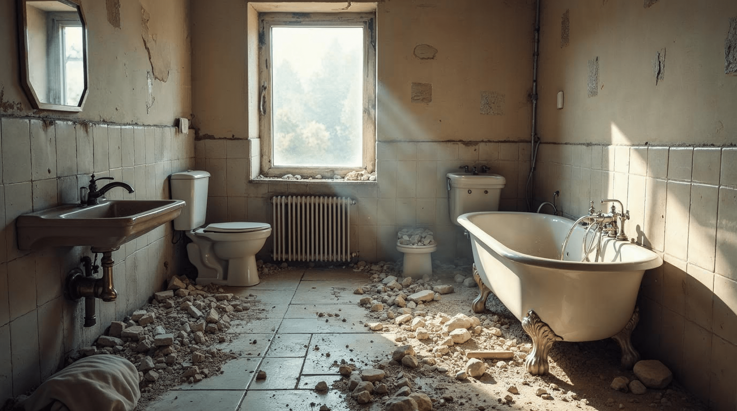 Altes Badezimmer während der Demontage und Entkernung