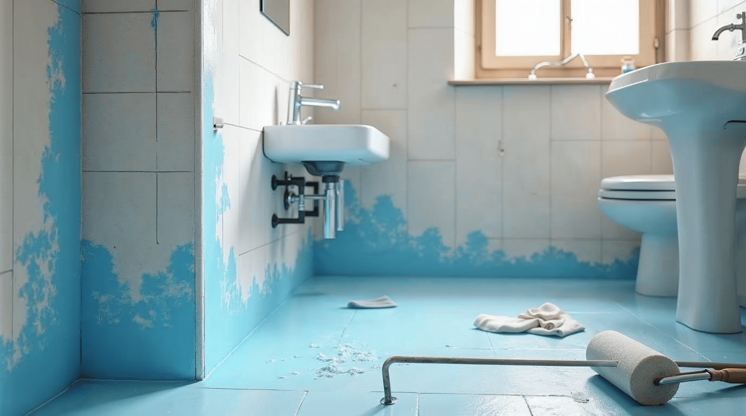 Abdichtung im Badezimmer mit blauer Dichtfolie vor dem Fliesen