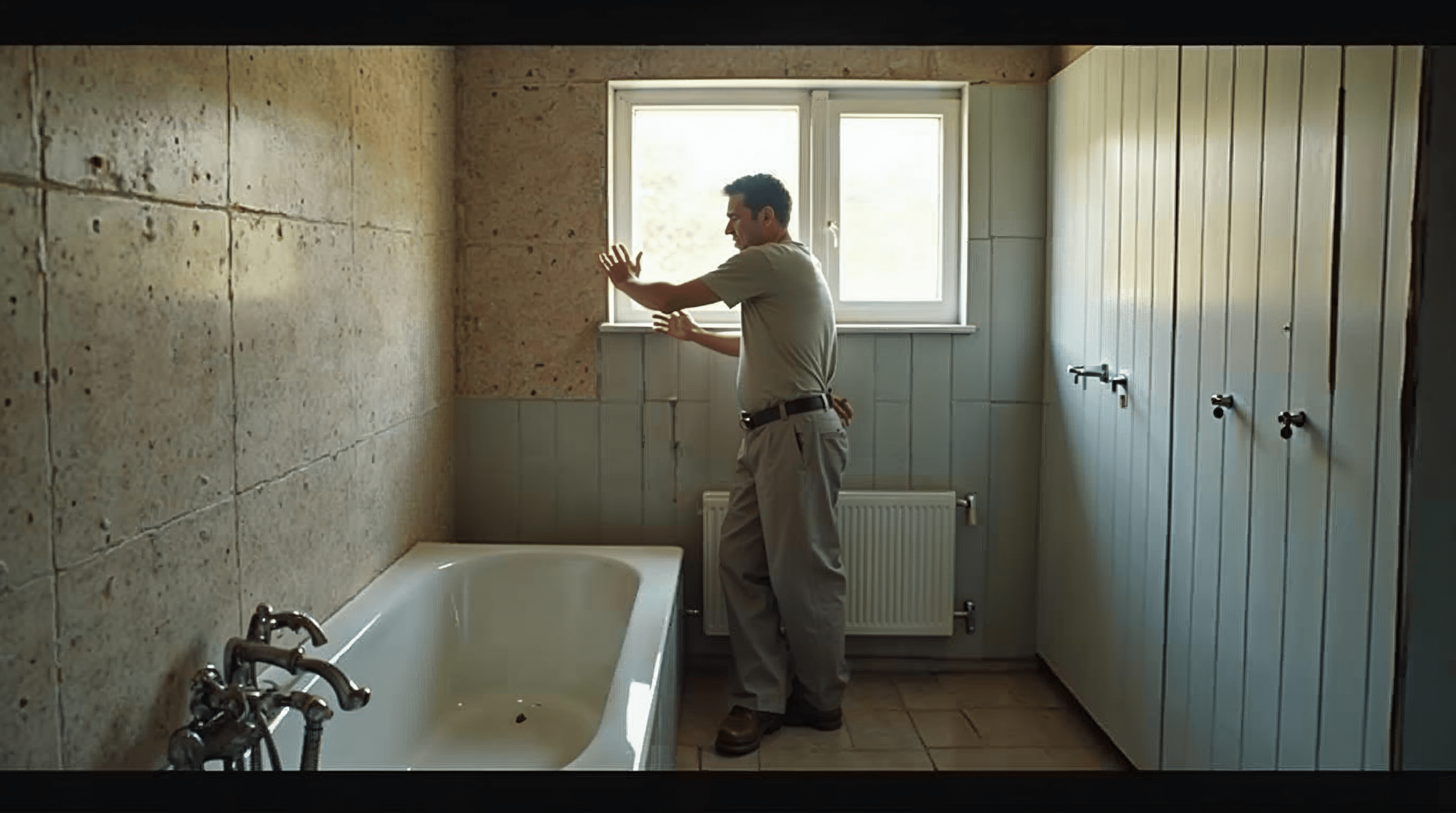 Bremer Familienbad während einer schonenden Modernisierung mit teilweise erneuerter Wandverkleidung über alten Fliesen