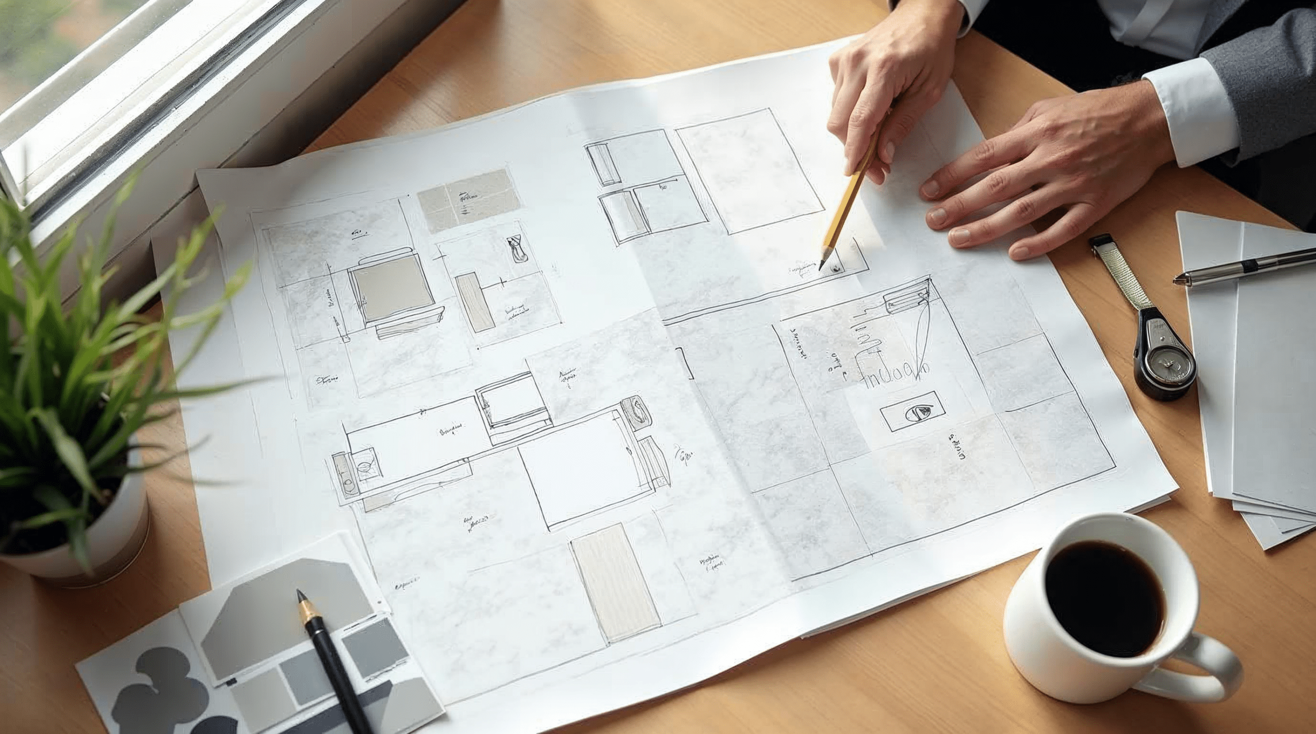 Planungsphase einer Badezimmer-Renovierung mit Grundriss und Materialmustern