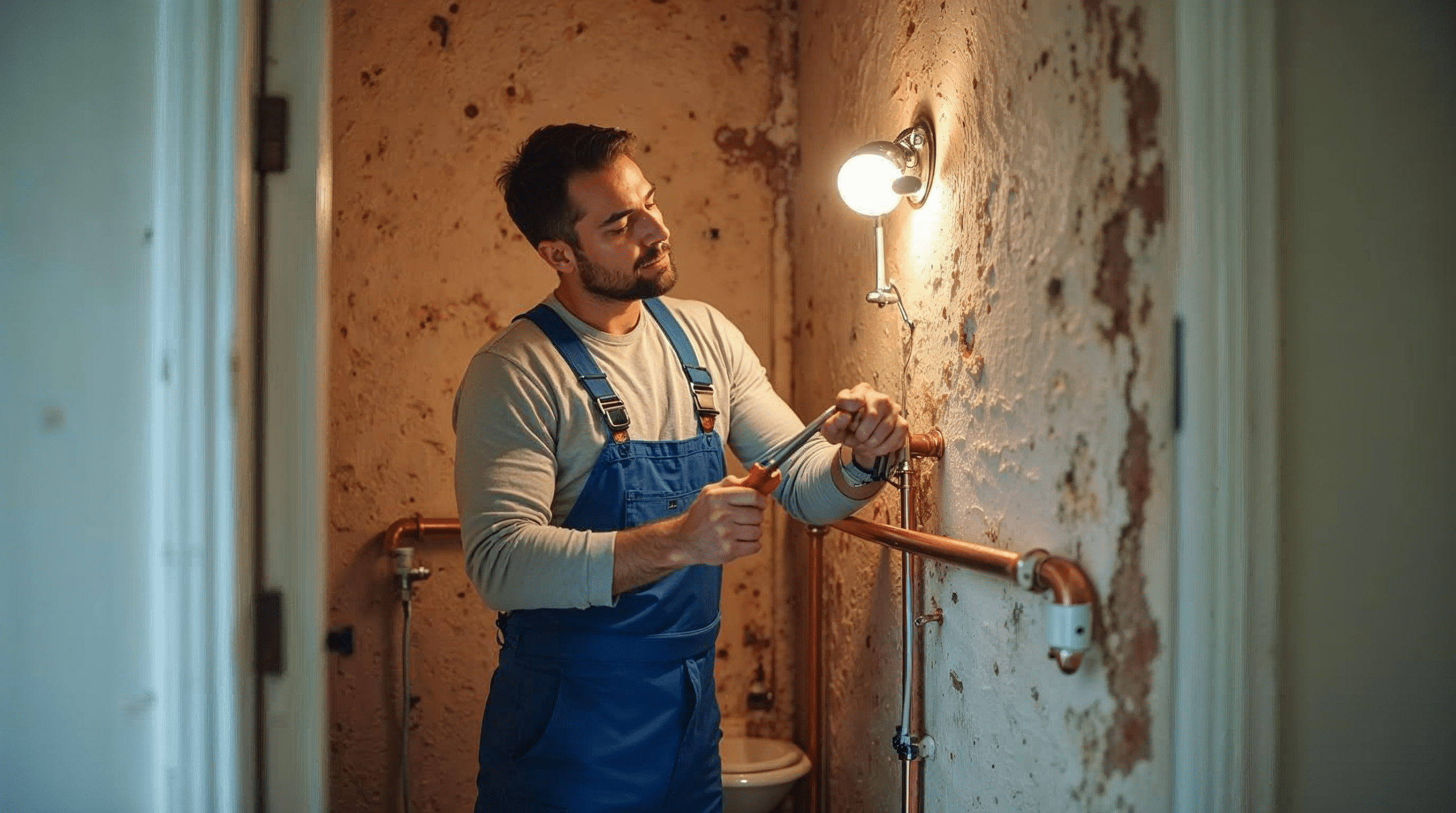 Installateur bei der Rohinstallation im Badezimmer während einer Badsanierung