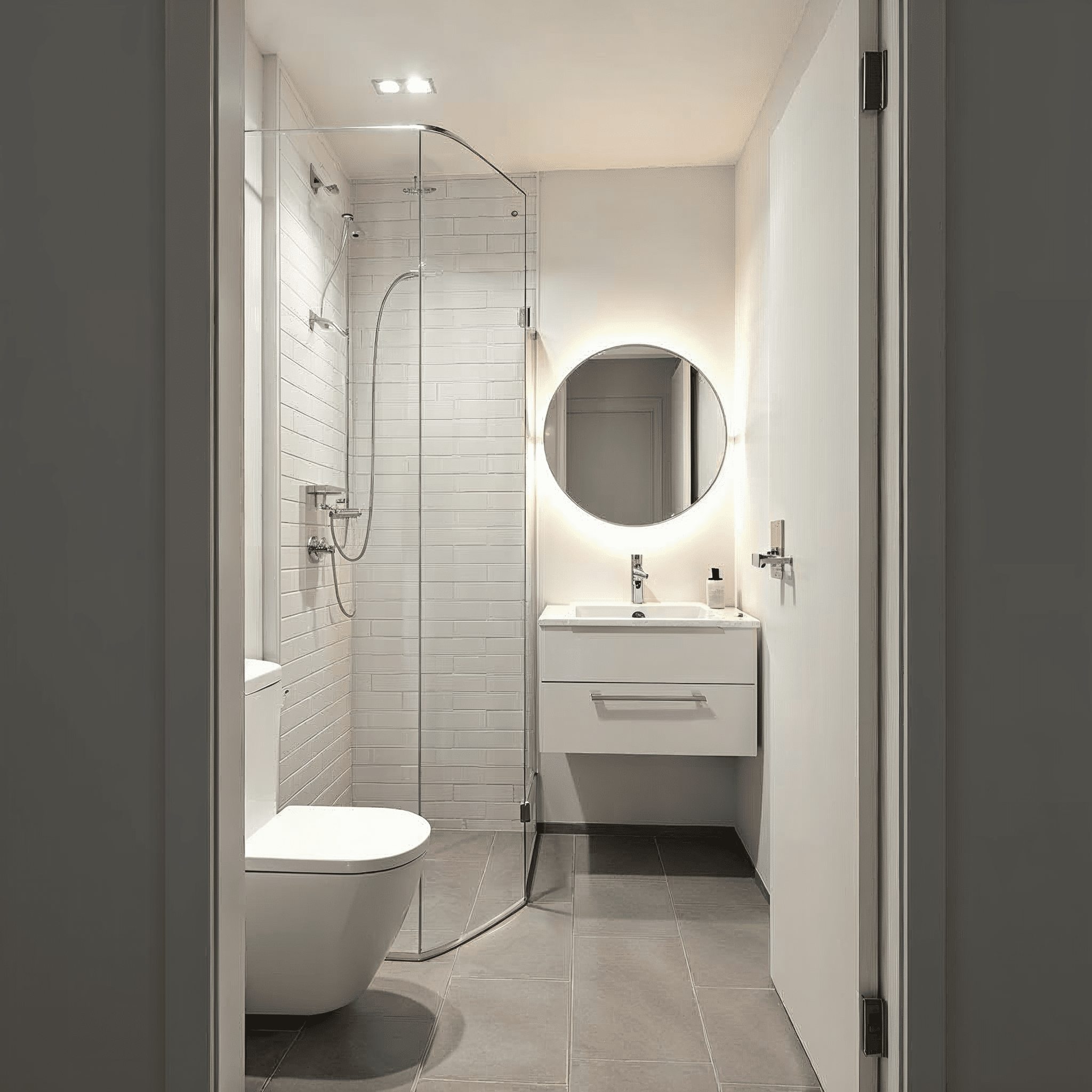 Ergebnis einer Badsanierung in Bremen: Modernes Bad mit hellen Fliesen, ebenerdiger Dusche und neuem Waschtisch