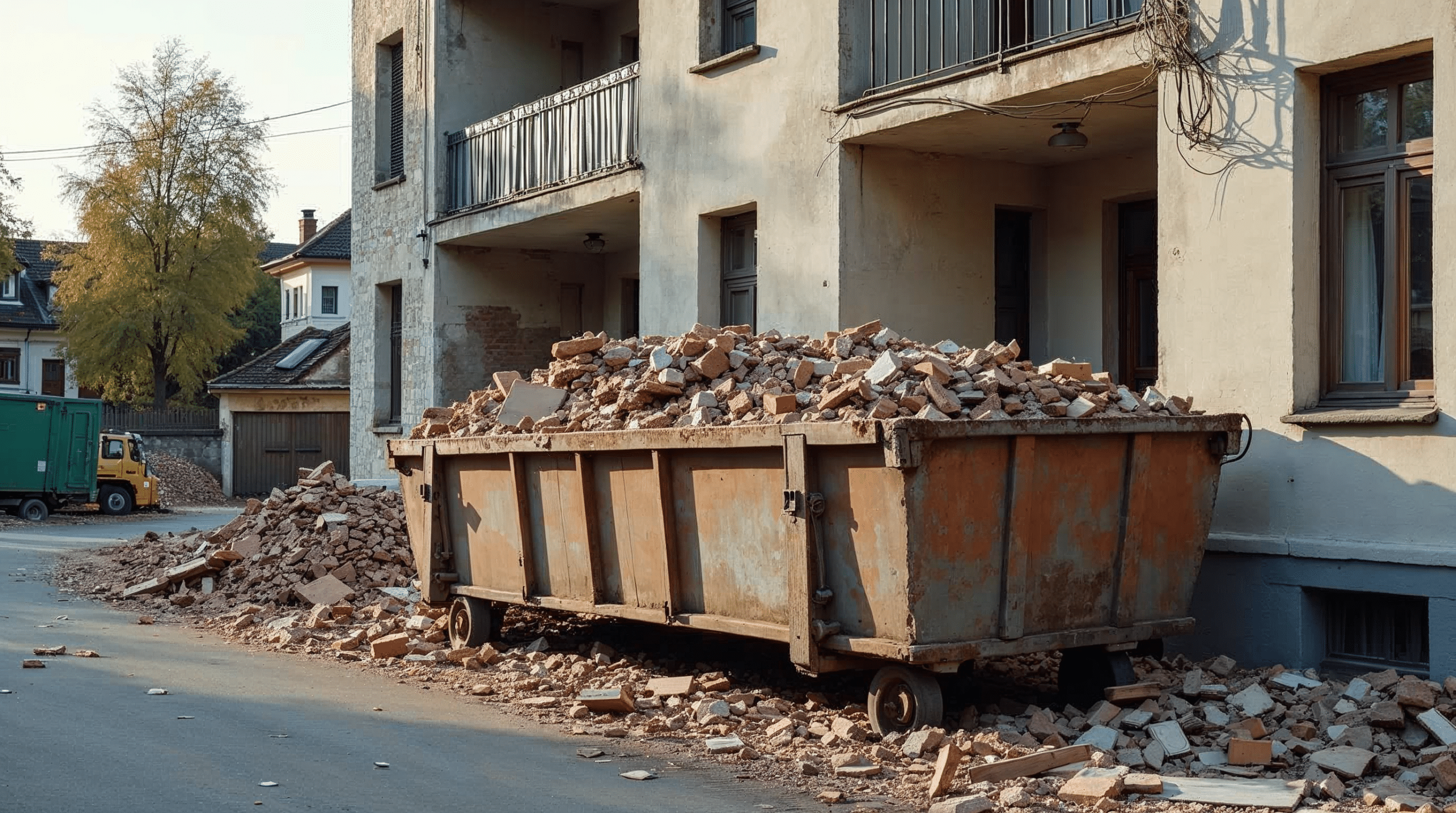 Bauschuttcontainer vor einem Wohnhaus während einer Entkernung