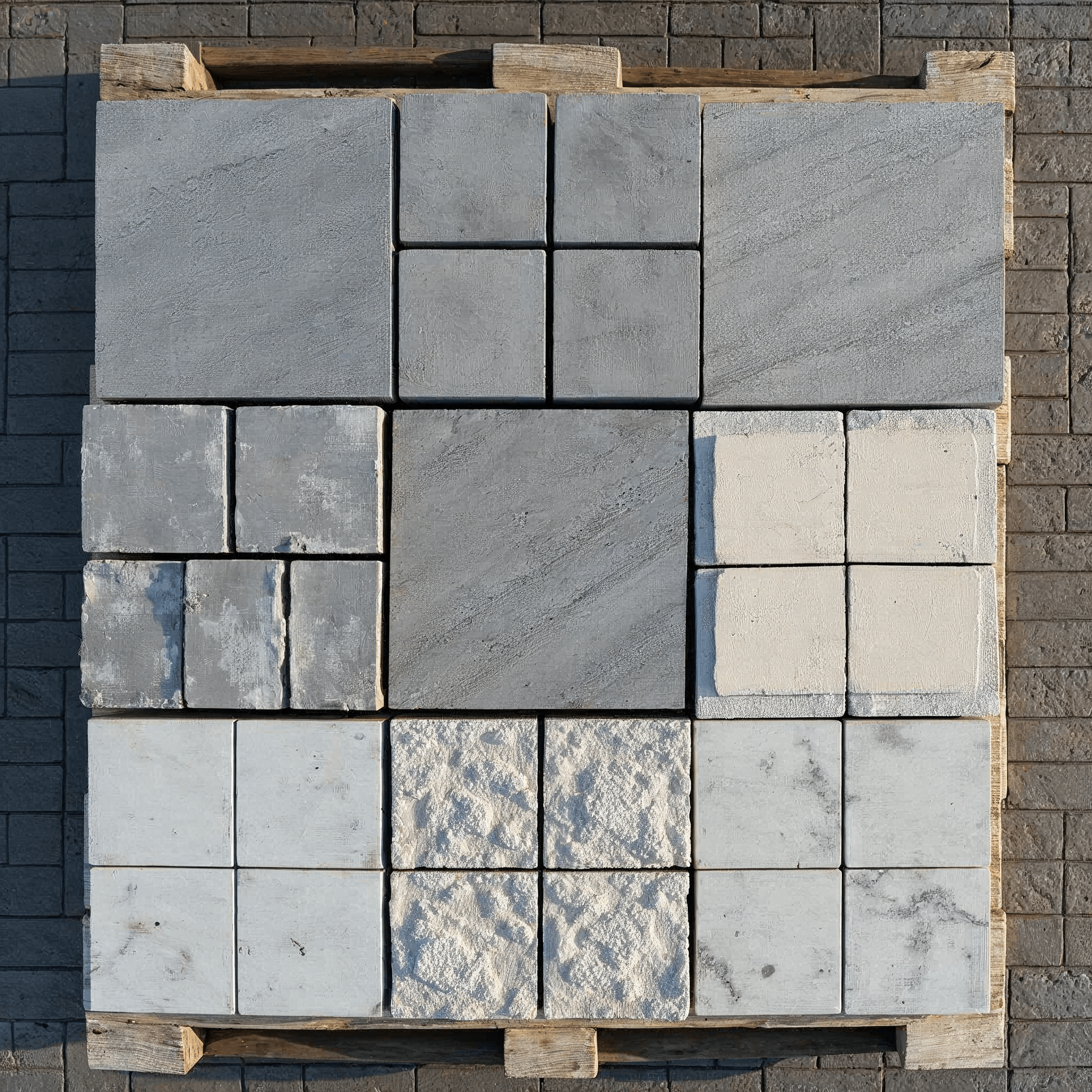 Verschiedene Betonpflaster Muster in Grau, Anthrazit und Beige auf einem Holztisch