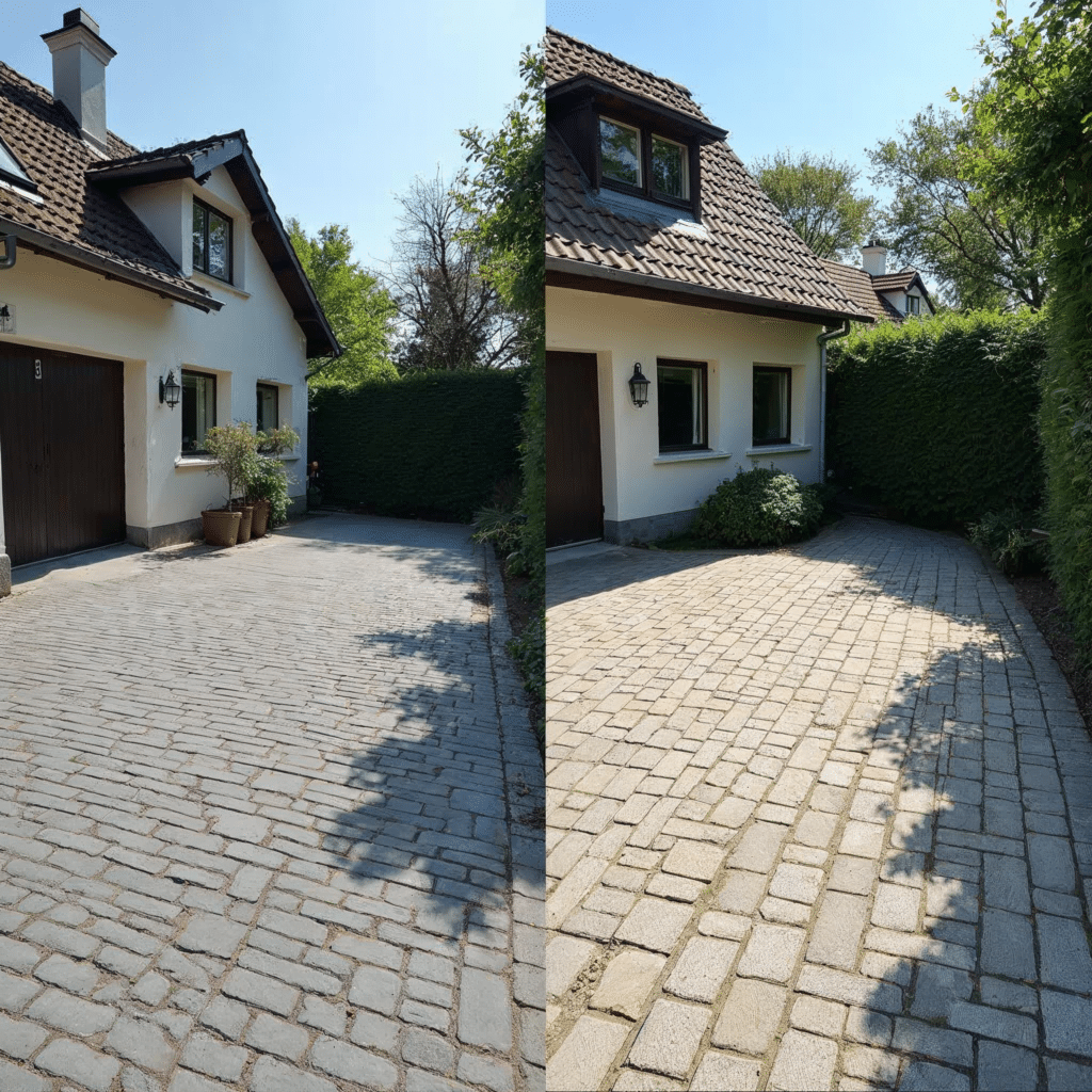 Gepflasterte Einfahrt im Vergleich: links Betonpflaster, rechts Granitnaturstein bei einem norddeutschen Einfamilienhaus