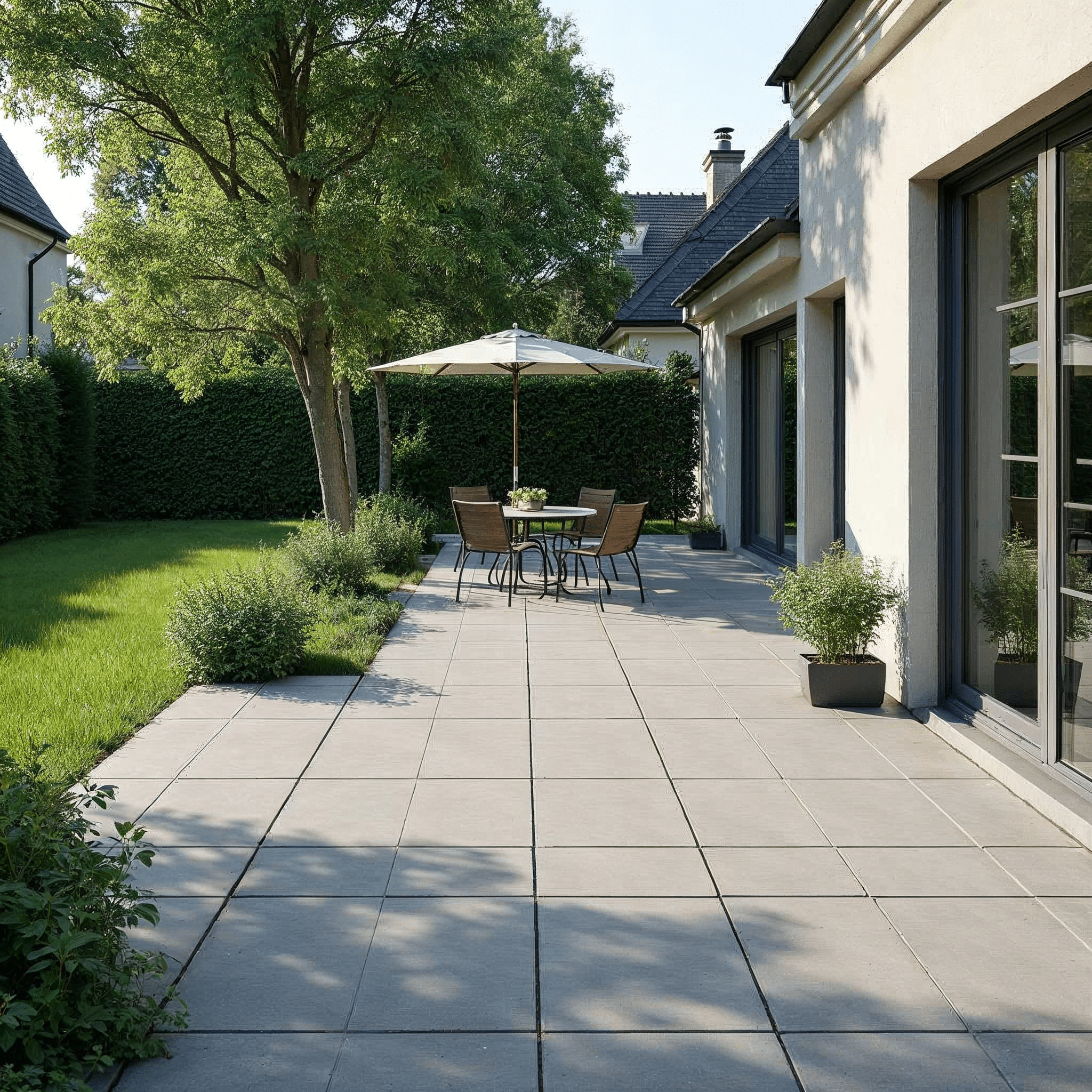 Terrasse aus hellem Betonpflaster mit Gartenmoebeln an einem Reihenhaus in Norddeutschland