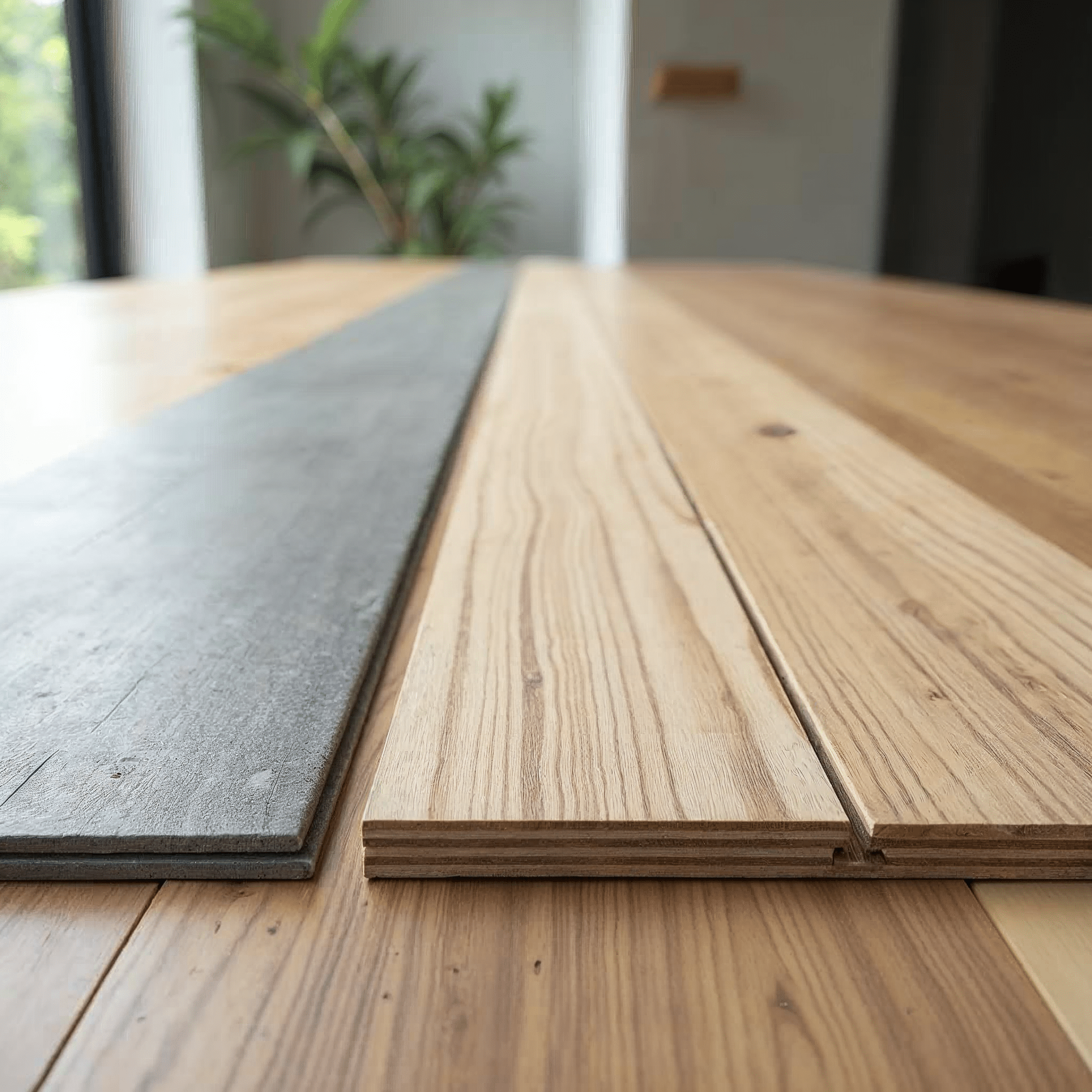 Materialvergleich: Muster von Fliesen, Vinyl und Parkett nebeneinander