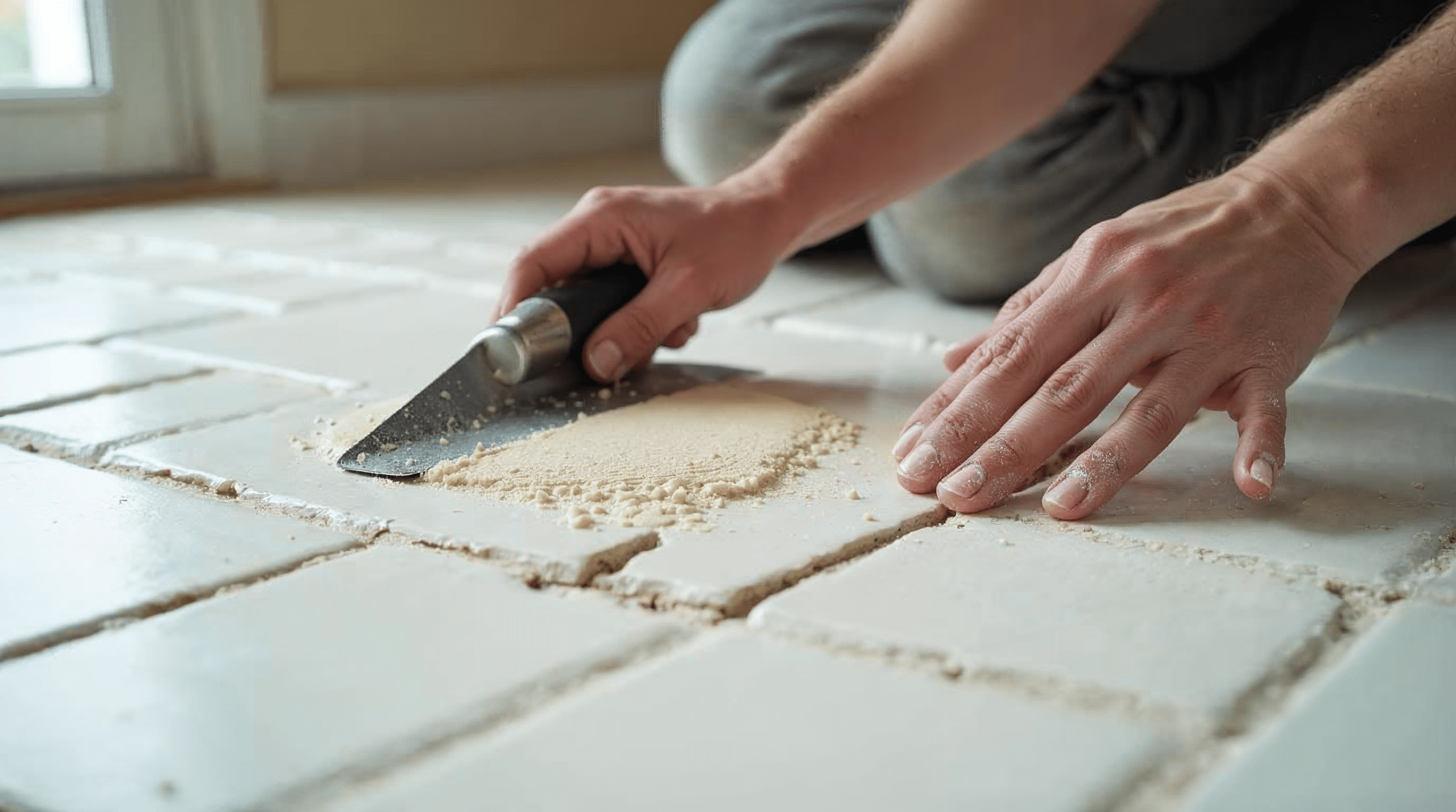 Nahaufnahme Bodenfliesen verlegen mit Zahnspachtel und Fliesenkleber