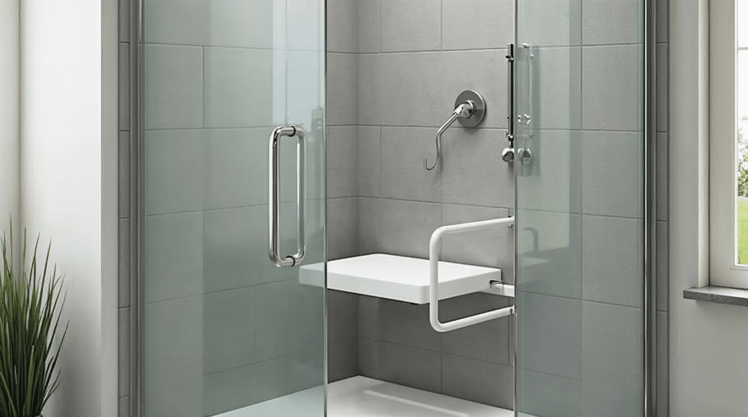 Bodengleiche Dusche mit klappbarem Sitz und Haltegriff