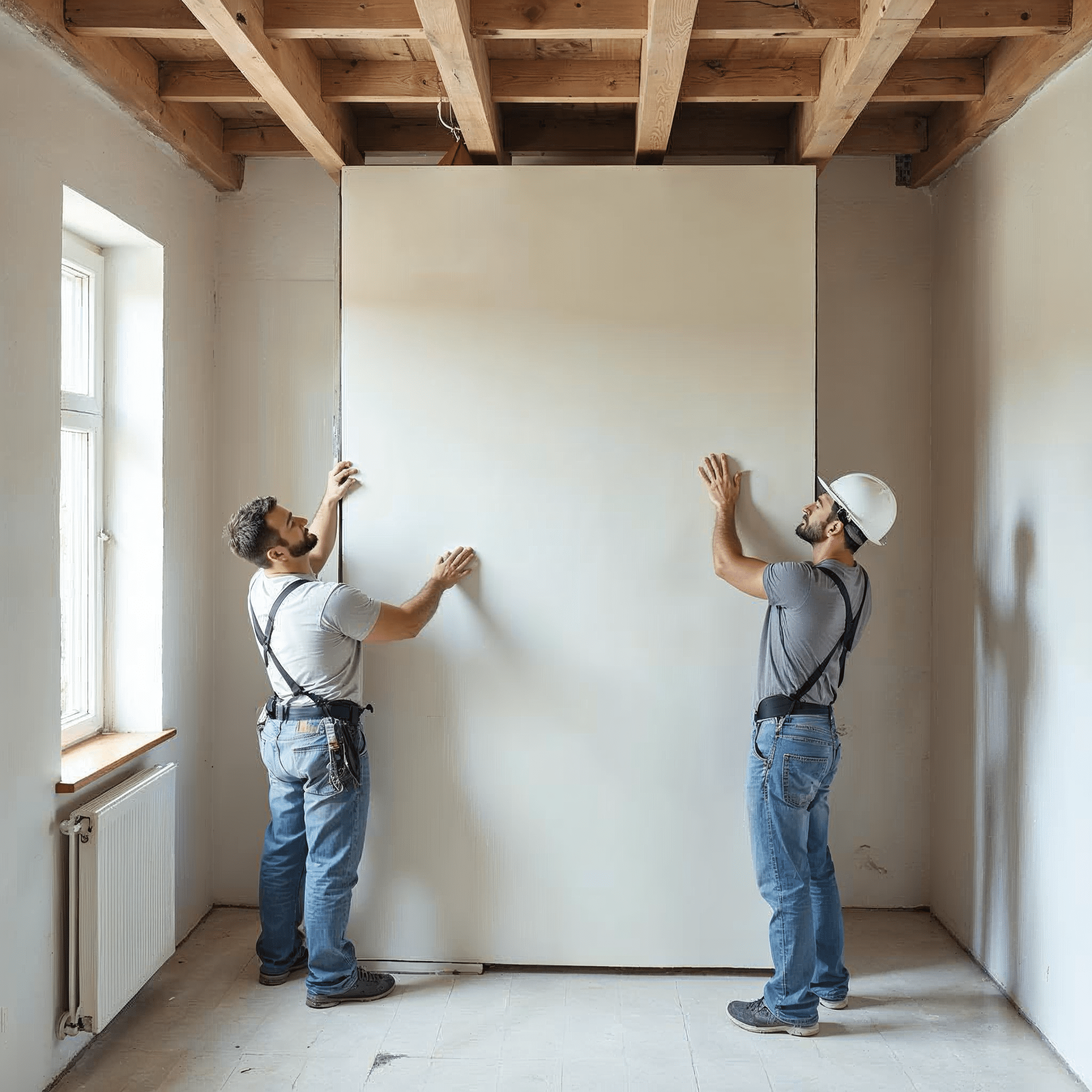 Monteur verschraubt Gipskartonplatten an der Deckenunterkonstruktion