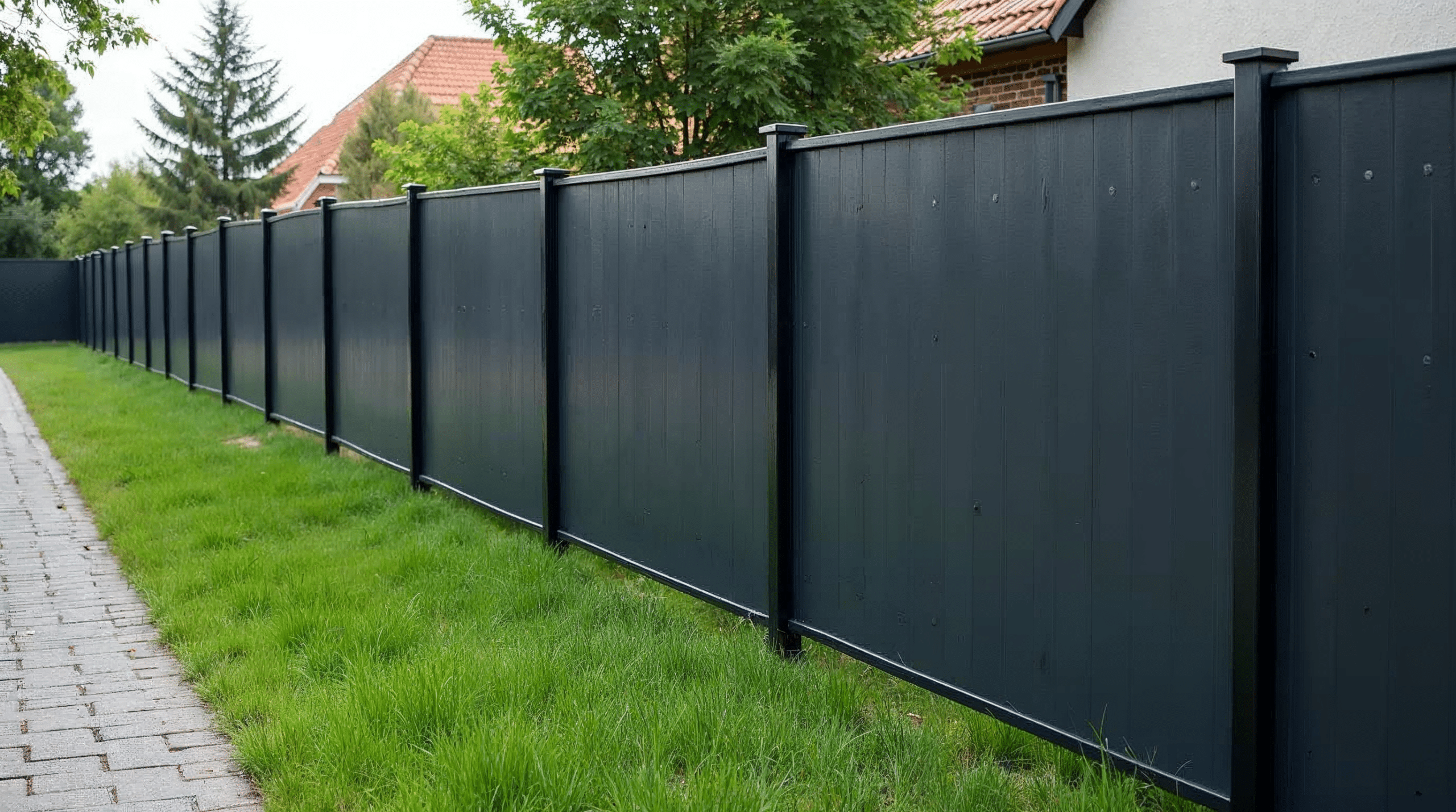 Fertig nachgeruesteter Doppelstabmattenzaun mit anthrazit Sichtschutzstreifen