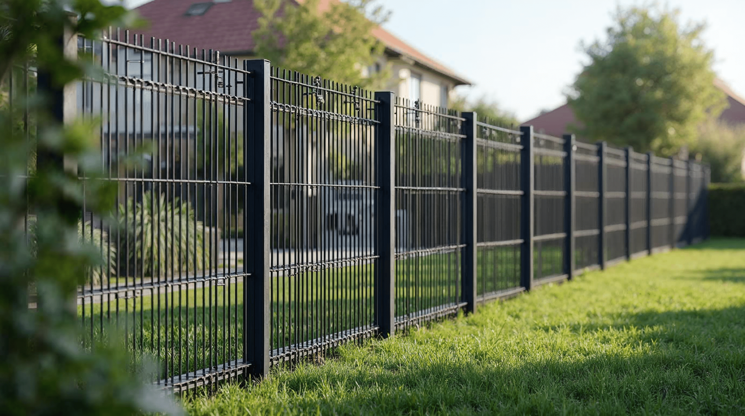 Doppelstabmattenzaun mit eingefügten Sichtschutzstreifen