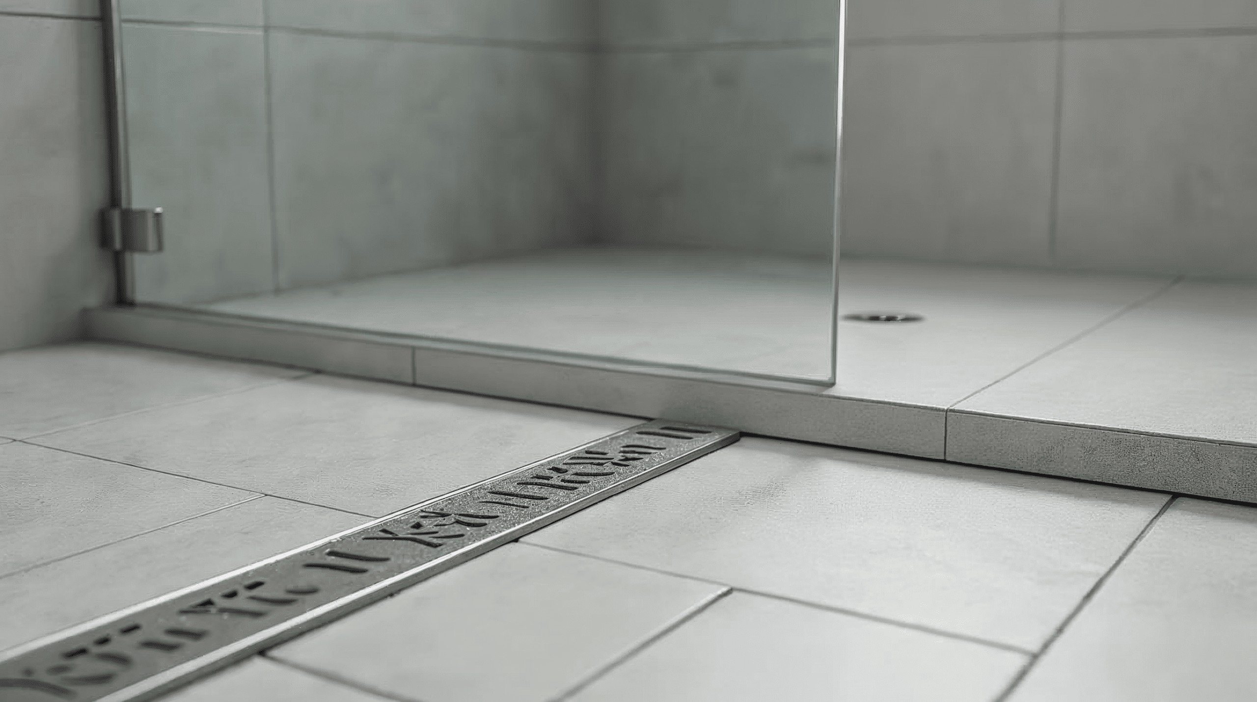 Detailaufnahme einer bodengleichen Duschrinne mit fugenlosen Fliesen