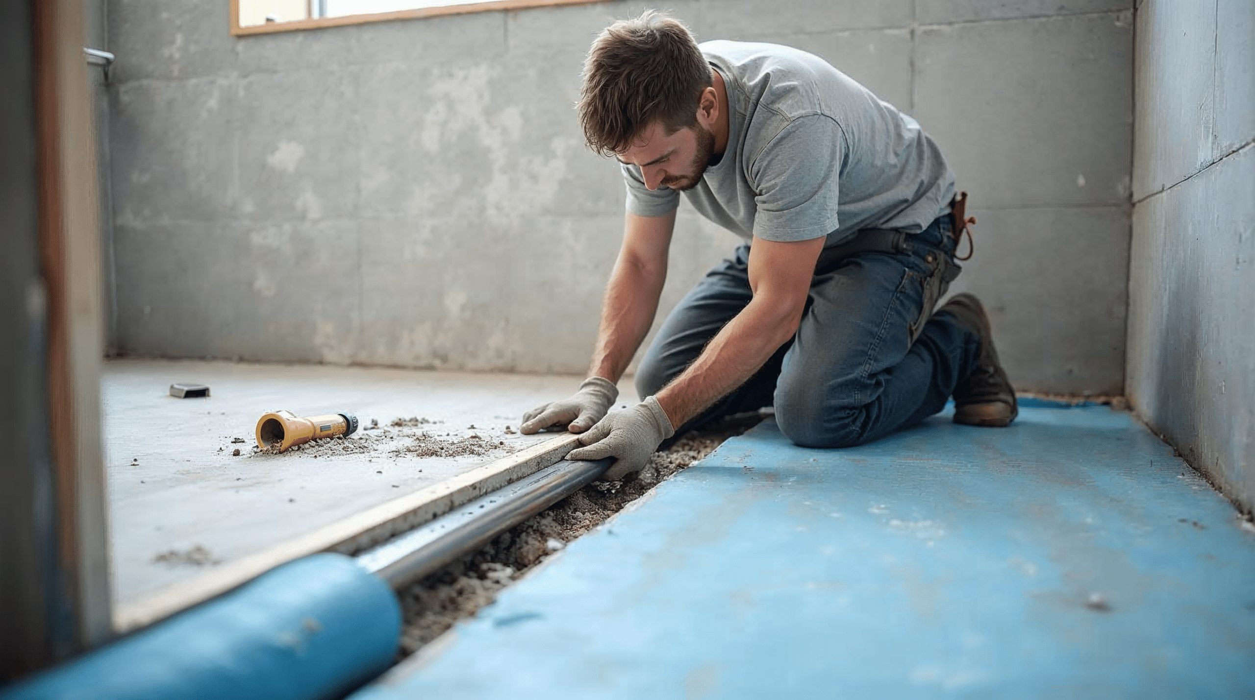 Handwerker beim Einbau einer bodengleichen Duschrinne im Badezimmer