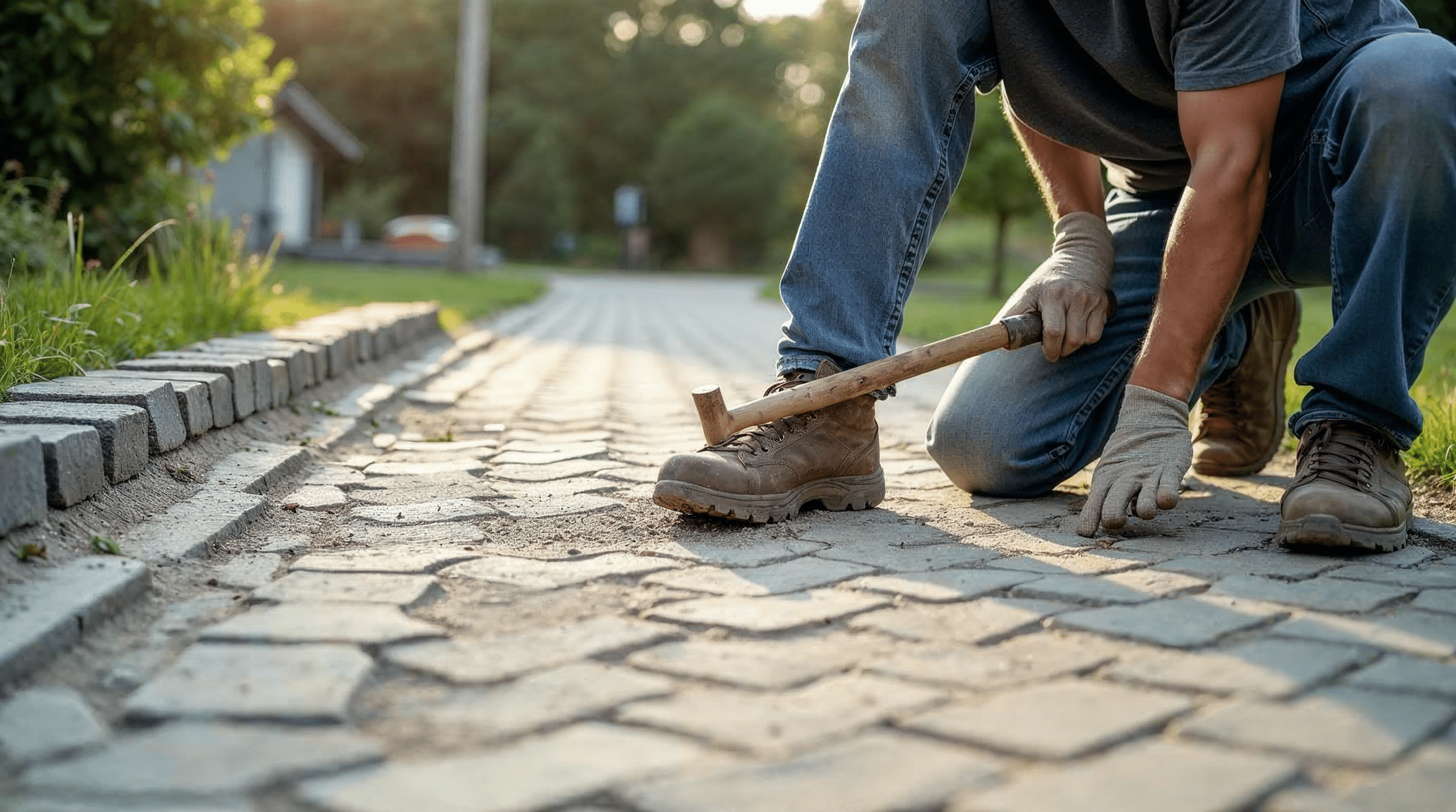Pflasterer verlegt Betonpflastersteine in einer Einfahrt