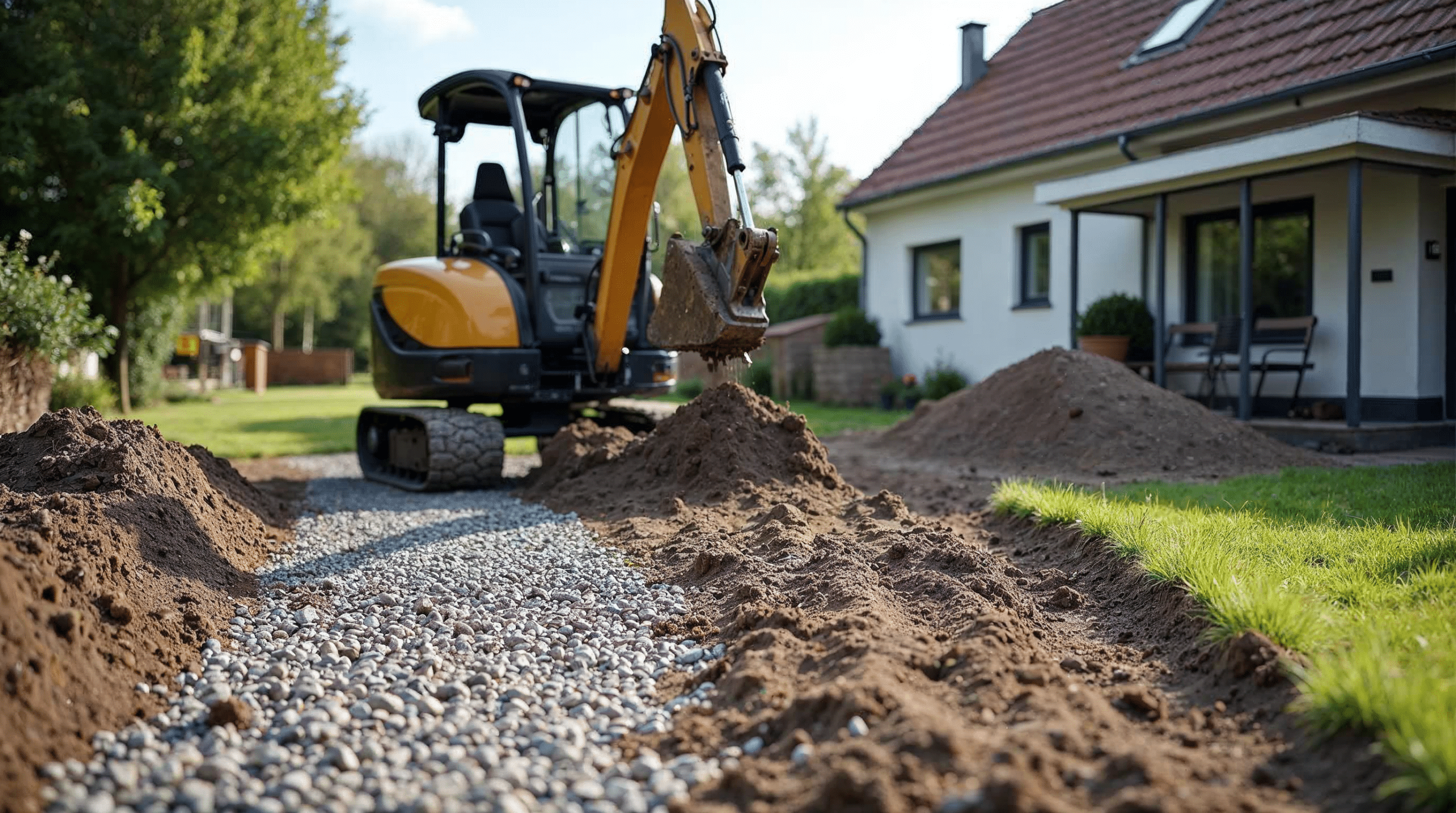 Minibagger hebt Erdreich für neue Einfahrt aus