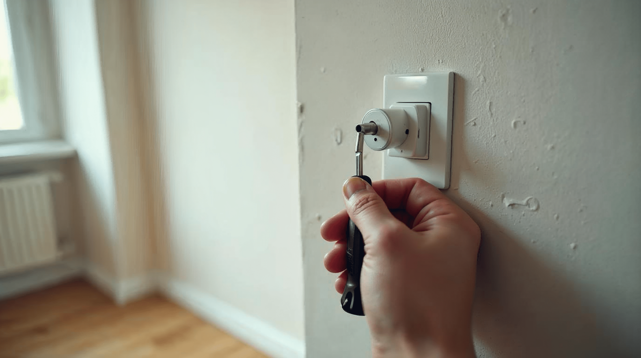 Elektriker montiert eine neue Steckdose in einer leeren Wohnung