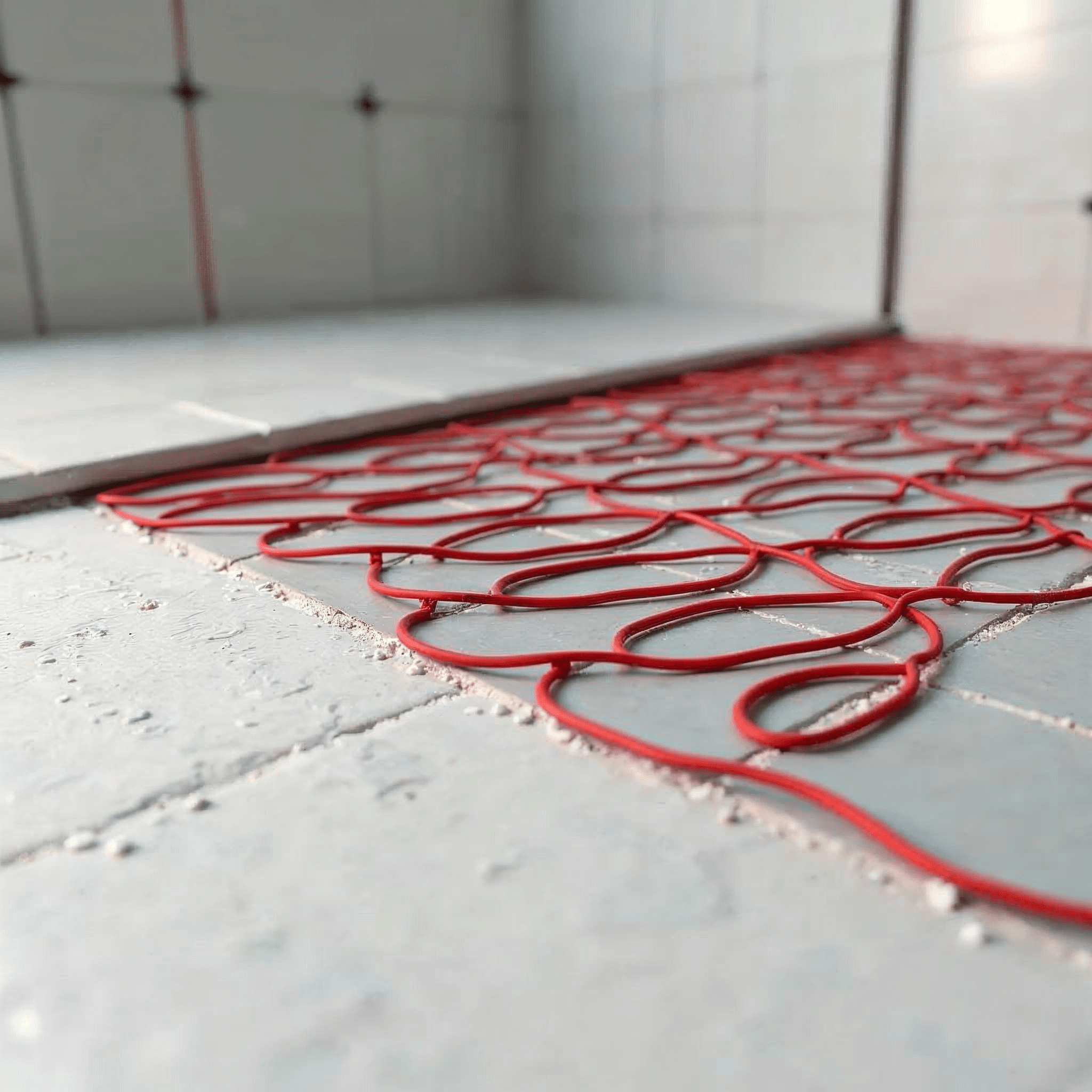 Aufbau einer elektrischen Heizmatte im Badezimmer mit Detailansicht