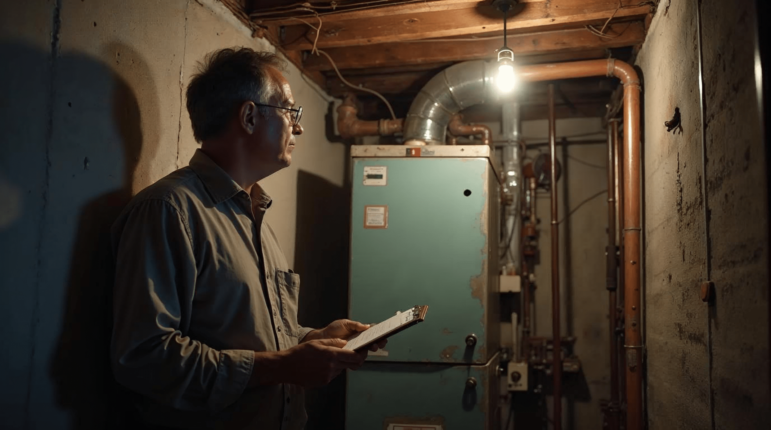 Energieeffizienz-Experte begutachtet einen alten Heizkessel im Keller eines Einfamilienhauses in Bremen