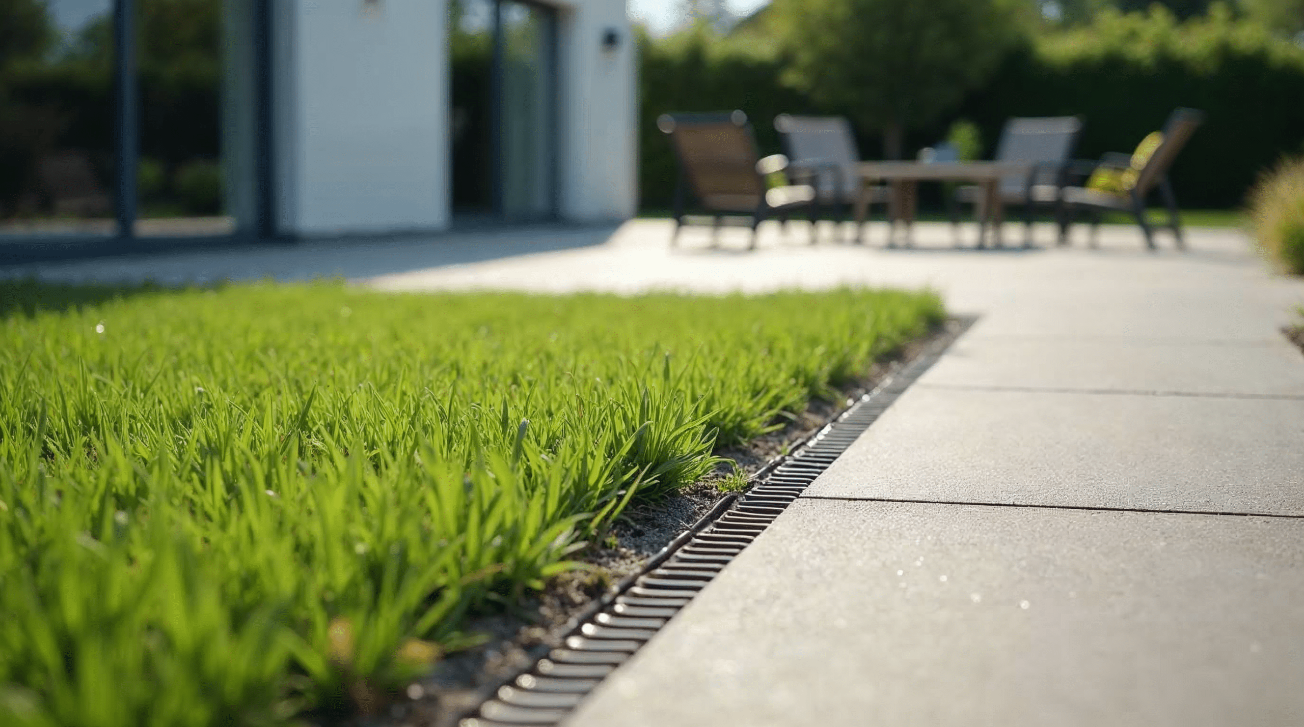 Neue Rinne zur Entwässerung am Rand einer modernisierten Bremer Terrasse mit Anschluss an den Rasen