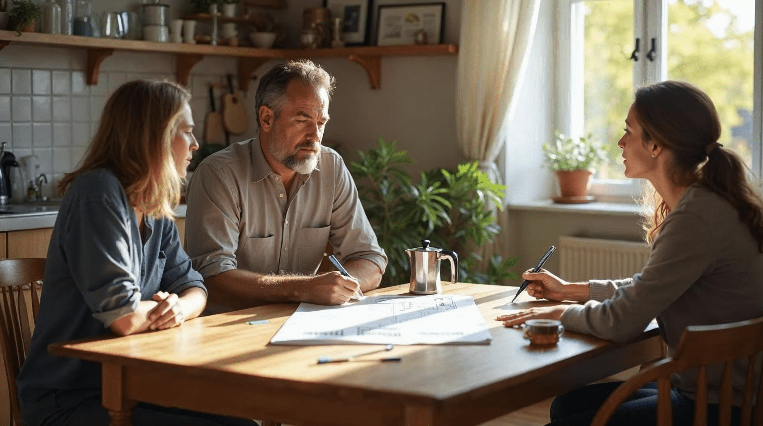 Sanierungsfachmann sitzt mit einem Eigent\u00fcmerpaar in der K\u00fcche eines Bremer Einfamilienhauses und plant die Modernisierung