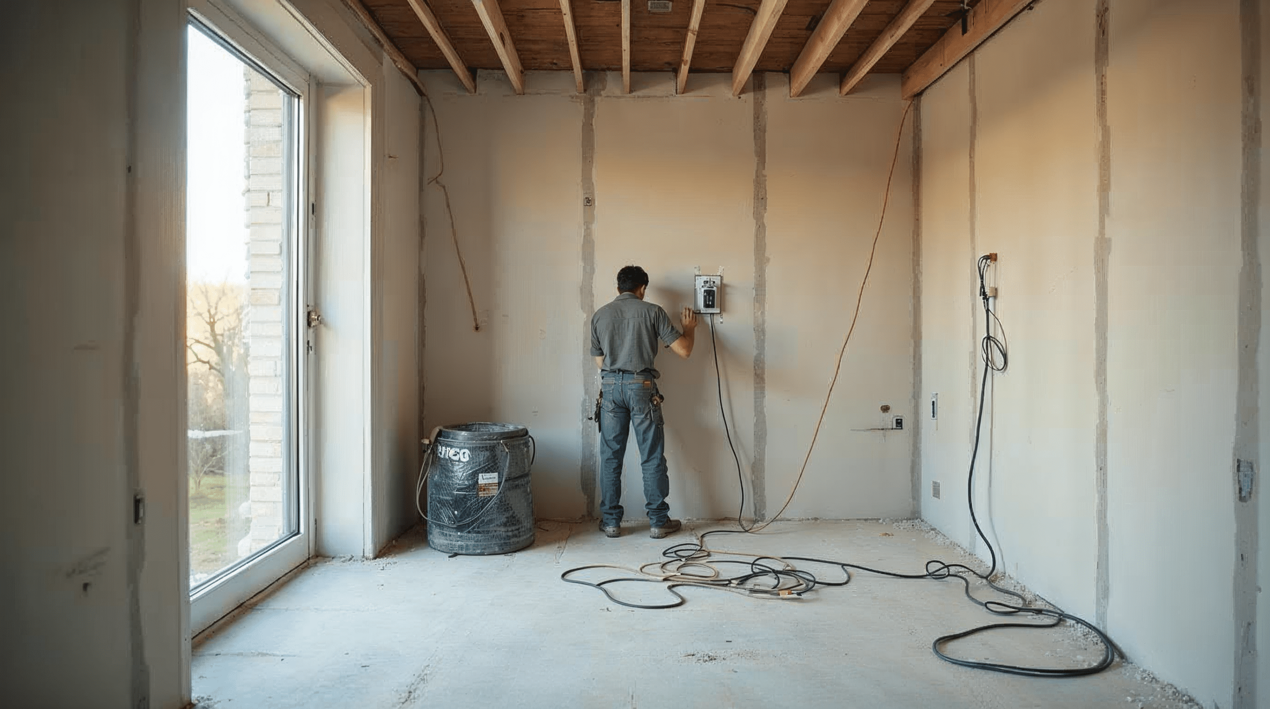 Elektriker auf Sanierungsbaustelle vor Trockenbau