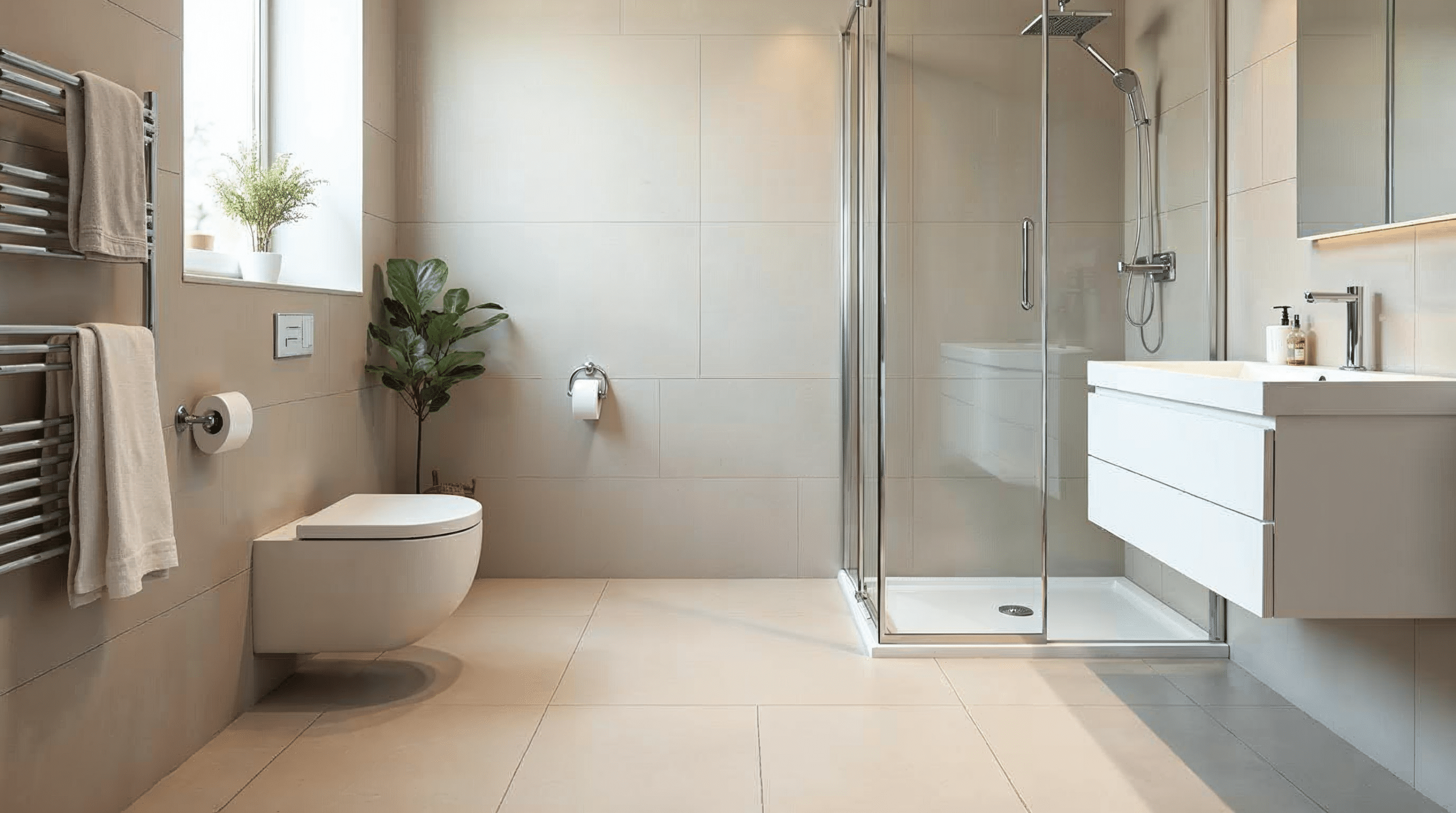 Frisch sanierte Bremer Familienbadezimmer mit großformatigen beigen Feinsteinzeugfliesen und schmalen Fugen