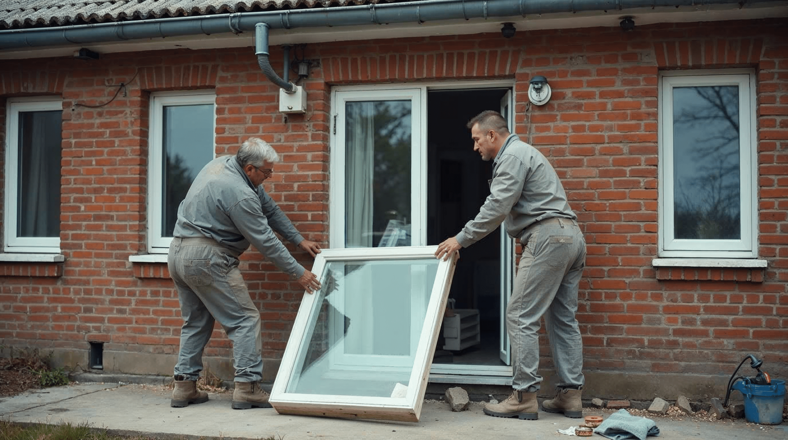 Handwerker bauen ein neues dreifachverglastes Fenster in ein \u00e4lteres Backsteinhaus in Bremen ein
