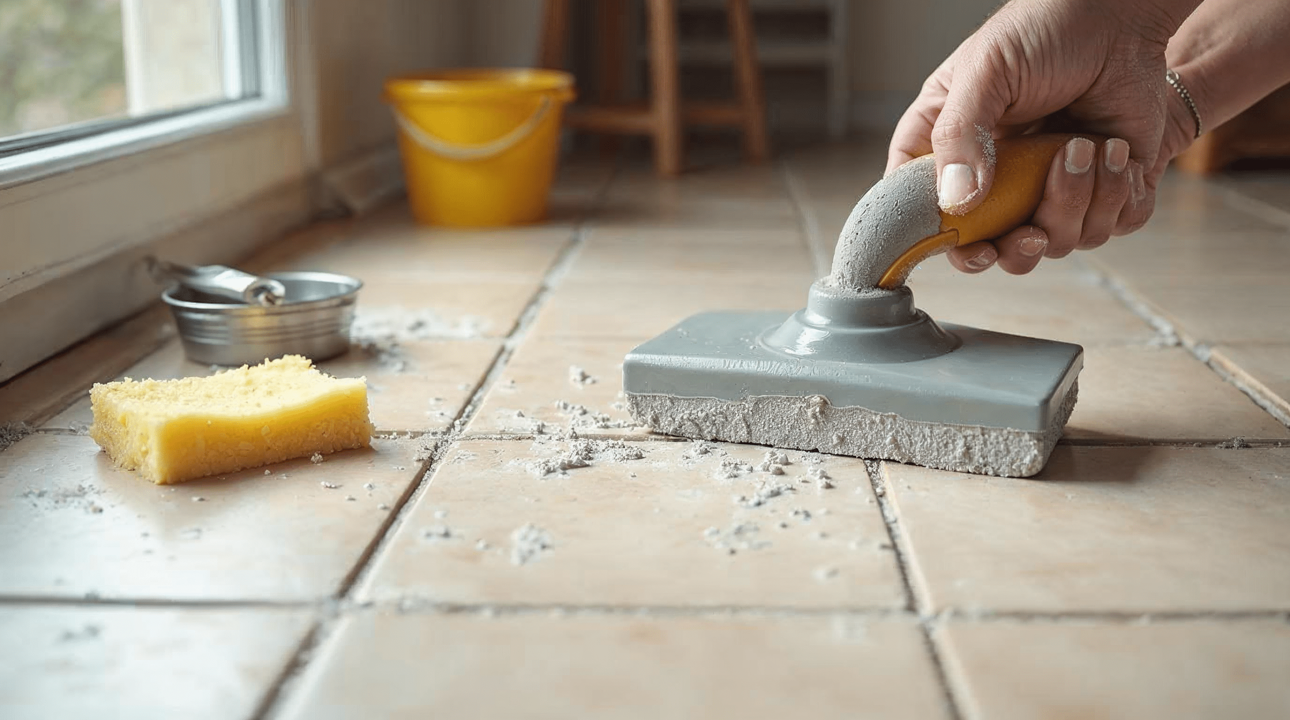 Fliesen verfugen mit Fugengummi und grauer Fugenmasse