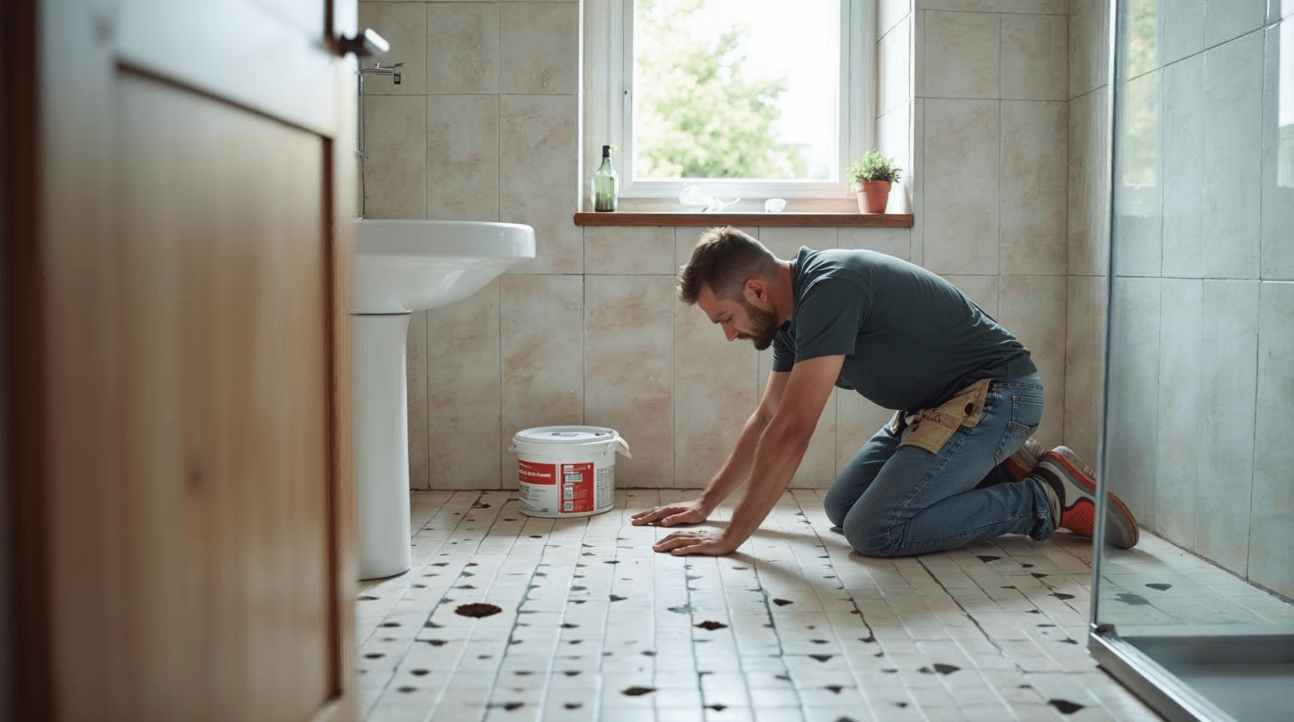 Fliesenleger verlegt Bodenfliesen in einem Bremer Badezimmer