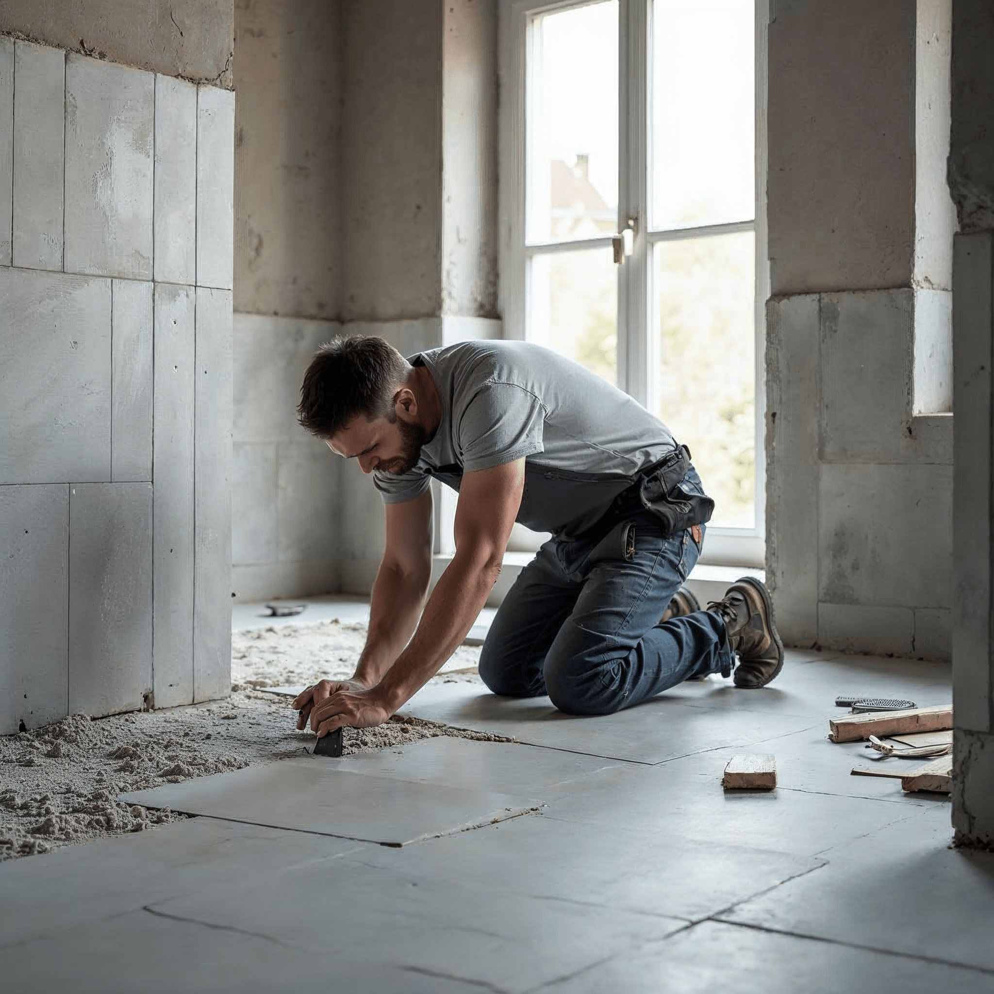 Fliesenleger bei der Arbeit in einem Bad in Bremen