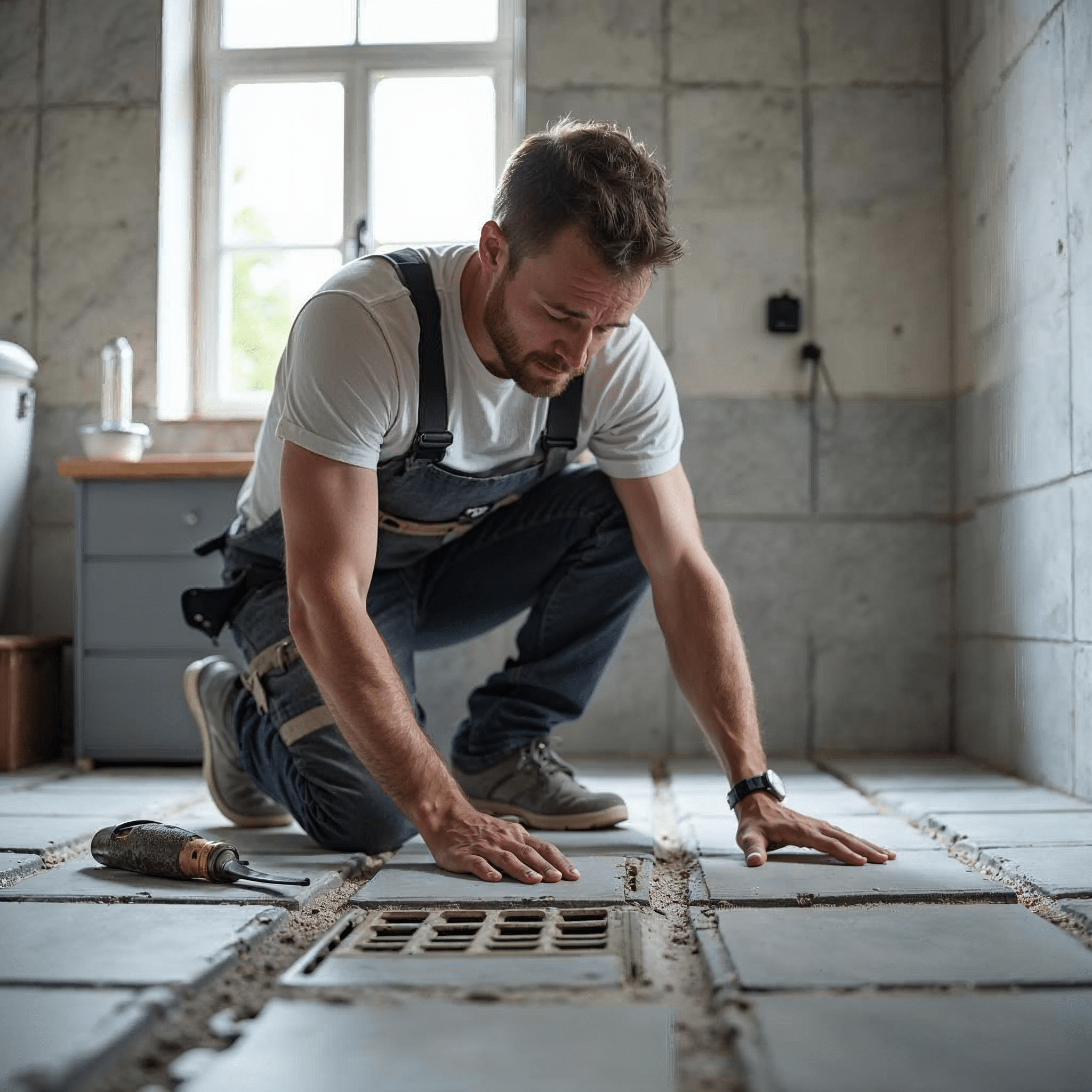Fliesenleger bei der Badsanierung in einem Bremer Altbau
