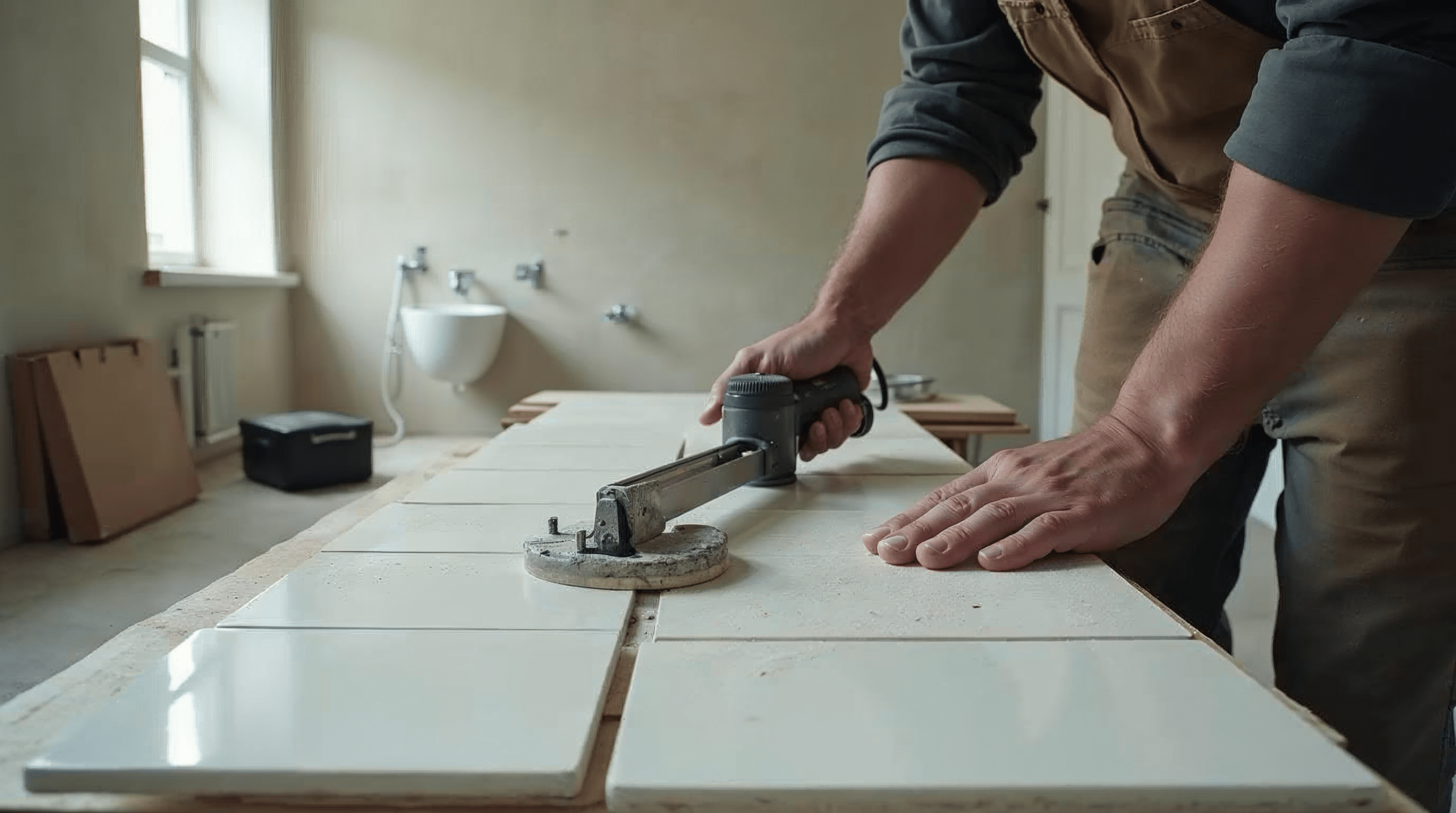 Fliesenleger schneidet eine großformatige Fliese mit einem Brückenschneider in einem Bremer Badezimmer