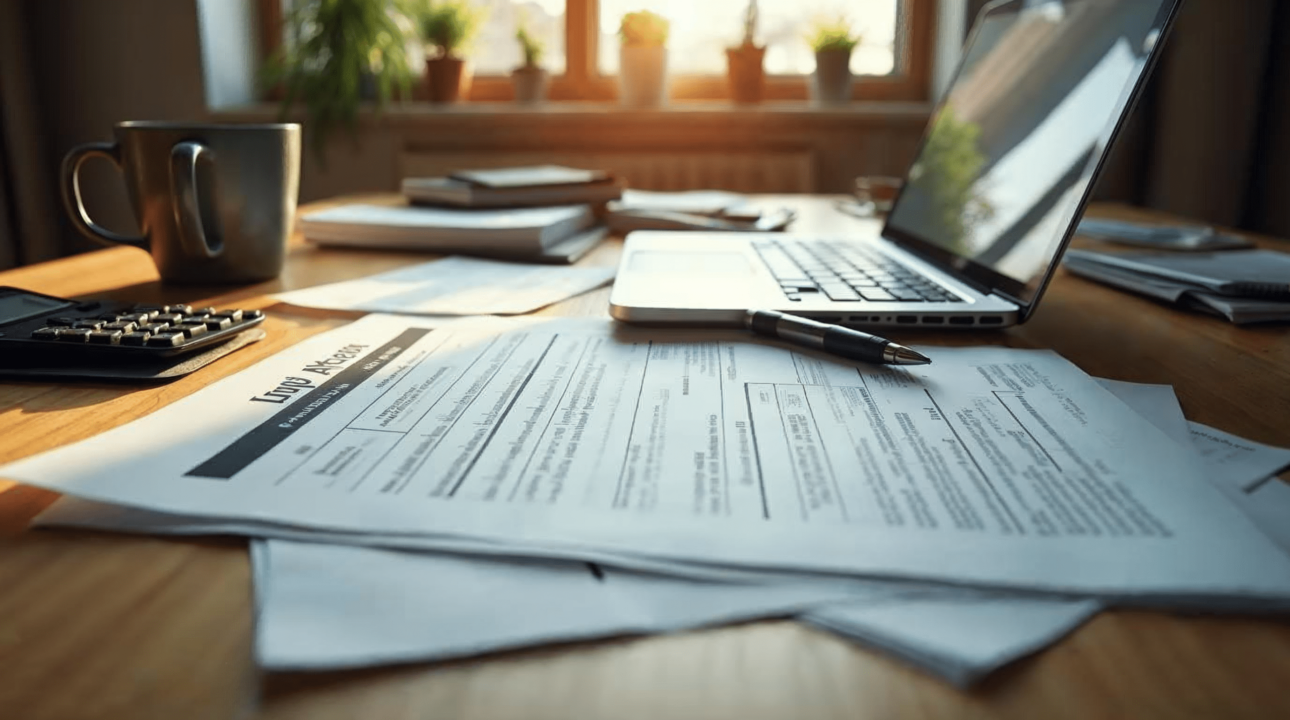 Schreibtisch mit F\u00f6rderunterlagen, Taschenrechner und Laptop f\u00fcr die Beantragung einer Sanierungsf\u00f6rderung