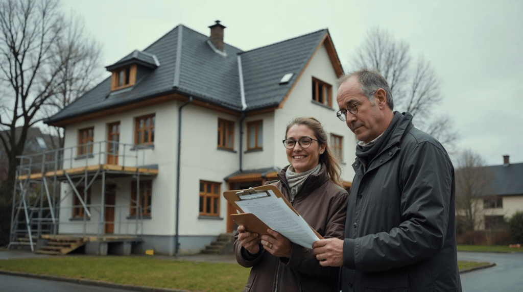 Eigentümerpaar steht vor seinem Einfamilienhaus in Bremen und prüft Förderunterlagen für eine geplante Sanierung