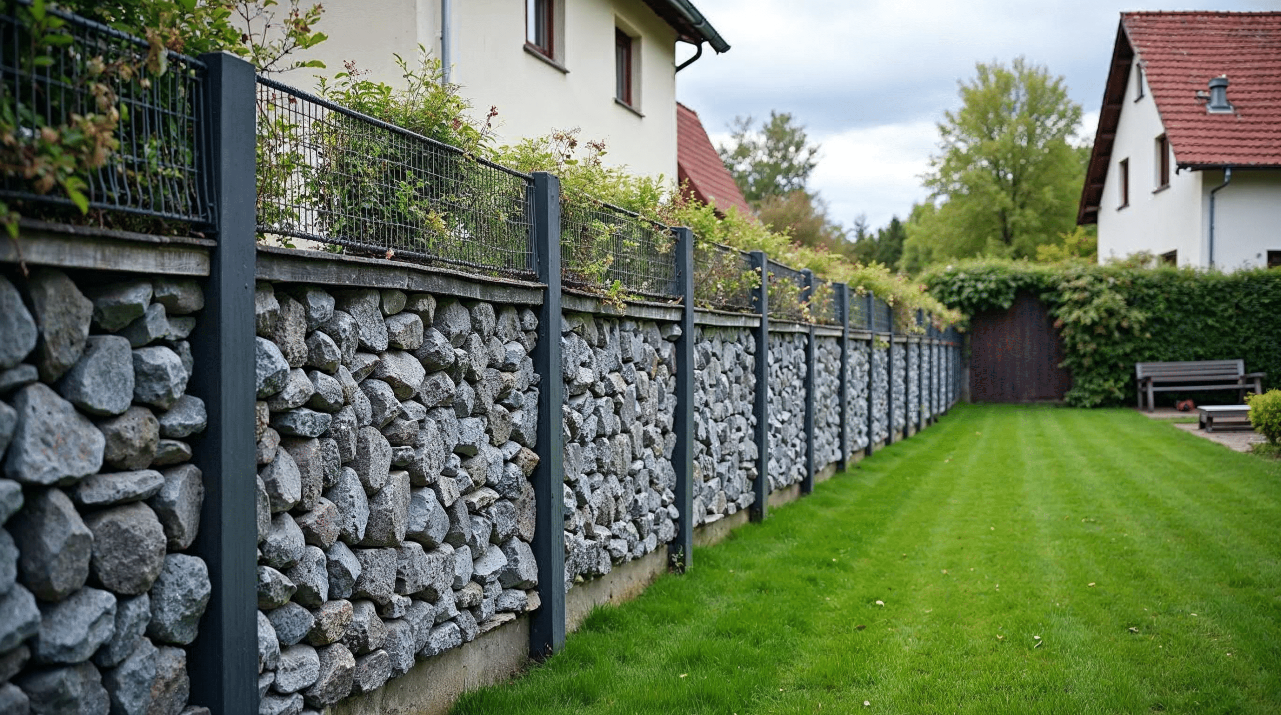 Gabionen-Sichtschutz mit Natursteinen als Grundstücksabgrenzung